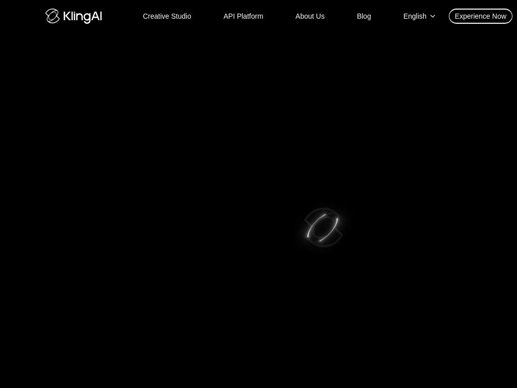 A mostly black webpage with a faint white glowing ring in the center, a top menu bar showing KlingAI branding and navigation links, plus easy access to API access details and pricing information. Uploaded on aifreeforever.com