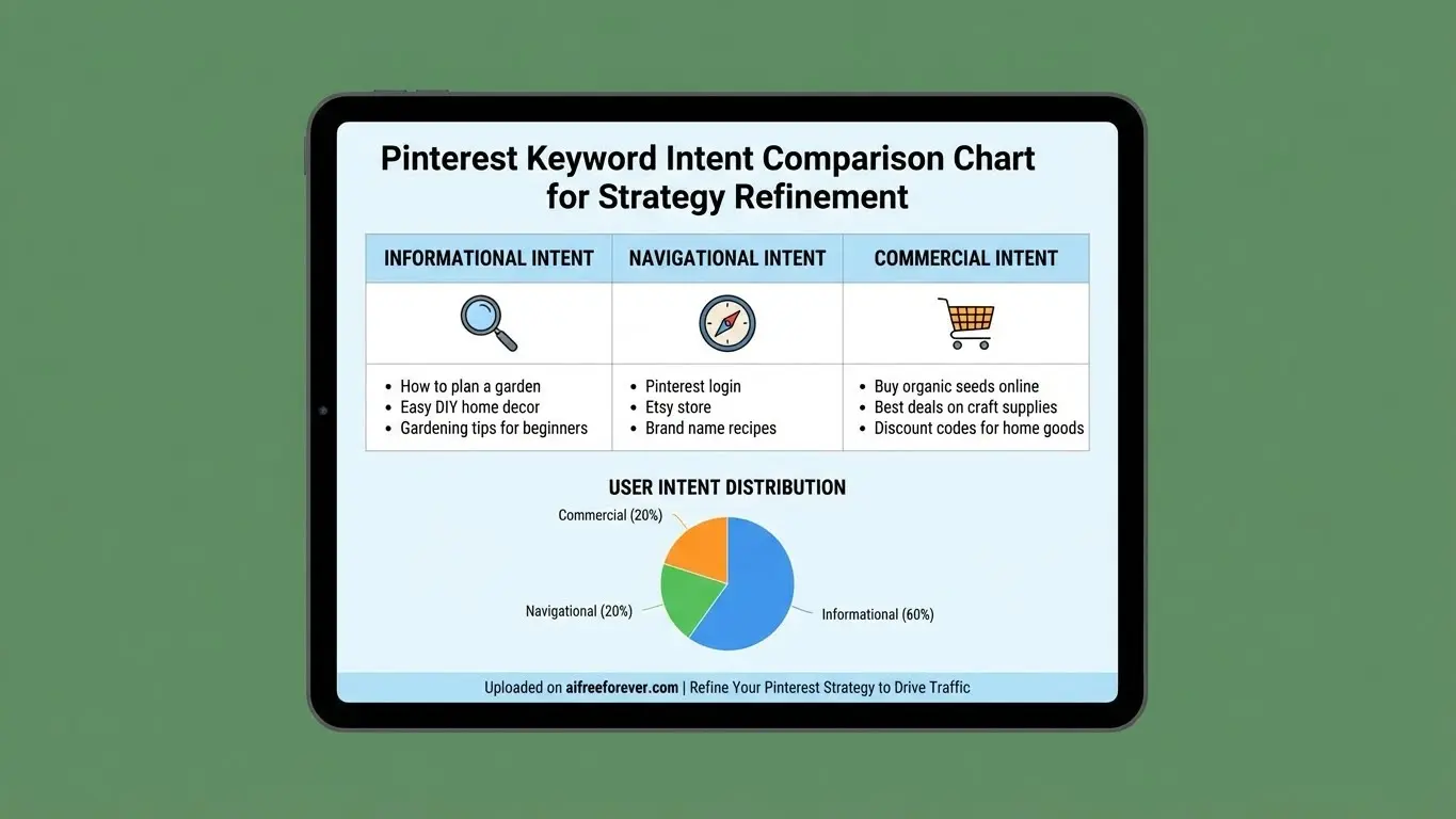 A tablet displays a Pinterest keyword intent comparison chart with three columns and a pie chart illustrating user intent distribution percentages, showcasing insights for an effective Pinterest strategy to drive traffic. Uploaded on aifreeforever.com