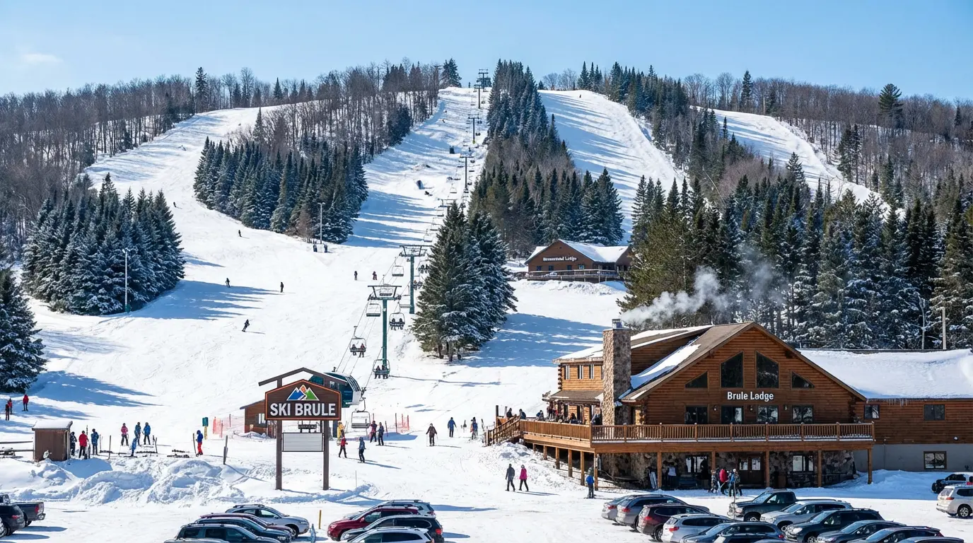 A snowy ski resort in Michigan with people skiing, a chairlift going up the hill, and the Brule Lodge beside a parking lot filled with cars—one of the best ski resorts Michigan has to offer for 2026. Uploaded on aifreeforever.com