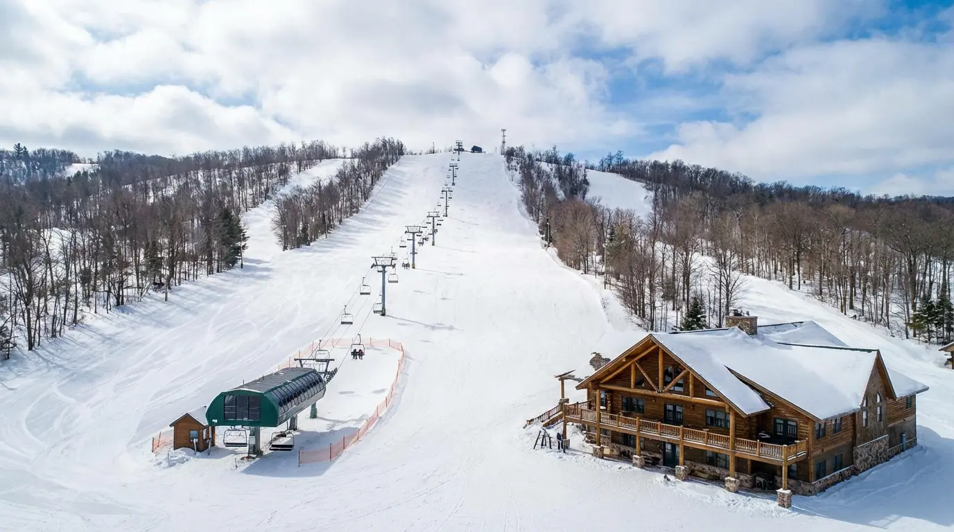 A snowy ski slope with a ski lift runs up a hill next to a wooden lodge under a partly cloudy sky at one of Michigan’s top ski resorts in 2026. Leafless trees line the sides of the slope. Uploaded on aifreeforever.com