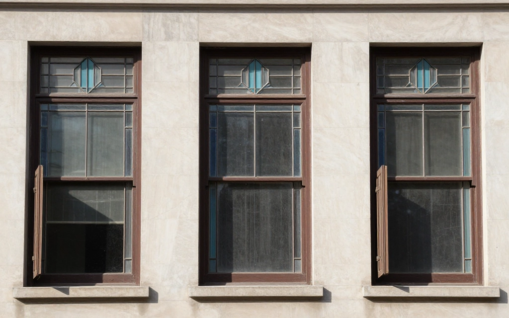 Art Deco windows with featured geometric glazing patterns, vertical emphasis, and stylized frames.