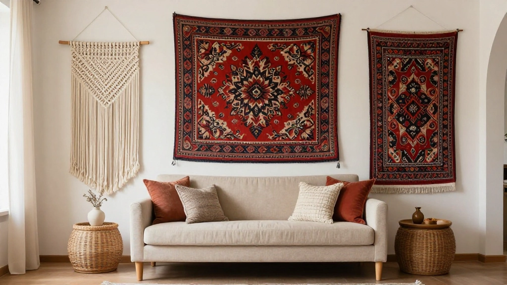 A beige sofa with textured pillows sits in a maximalist living room, accented by two patterned tapestries and a macramé wall hanging, flanked by round wicker side tables for bold living room ideas. Uploaded on aifreeforever.com