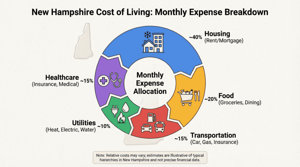New Hampshire cost of living infographic showing breakdown of monthly expenses for housing, food, transportation, utilities, and healthcare