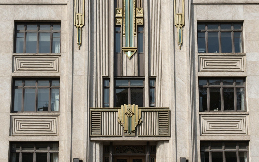 Art Deco building facades with low-relief geometric patterns, stylized decorative panels, and metallic details. These elements can be generated individually or as part of complete architectural scenes.