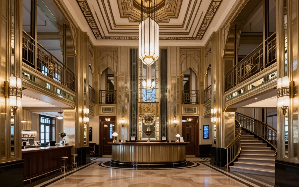 Art Deco interiors with dramatic architectural elements including geometric ceiling details, mirrored walls, curved bars, and grand staircases.