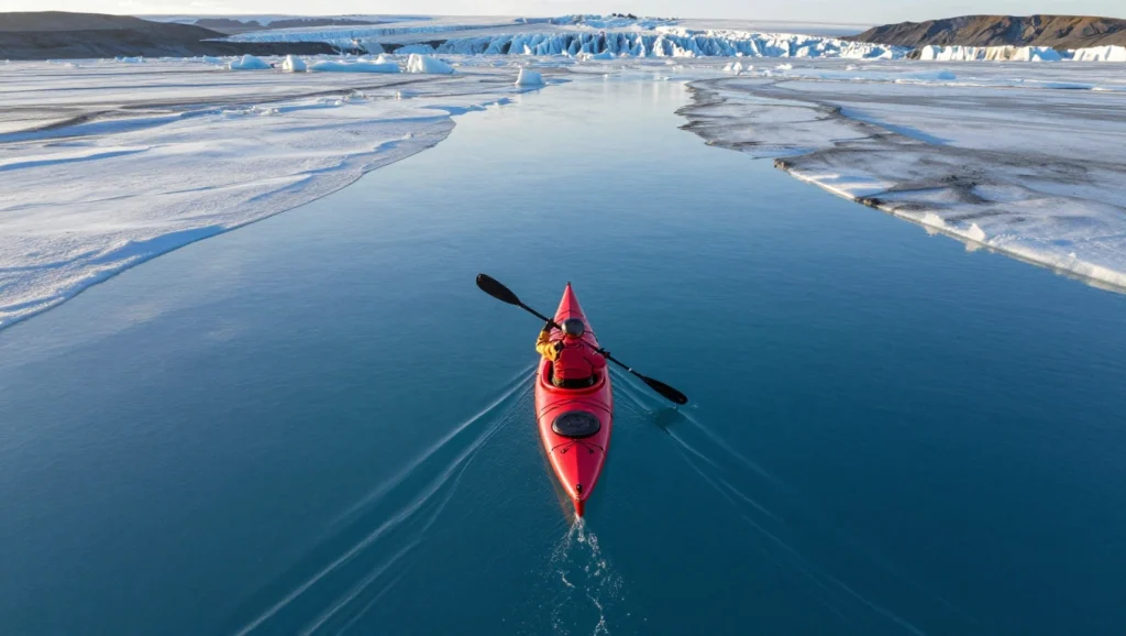 A person paddles a red kayak through calm icy blue water, surrounded by floating ice and distant glaciers under a clear sky—perfect for exploring Veo Prompt differences in serene landscapes. Uploaded on aifreeforever.com
