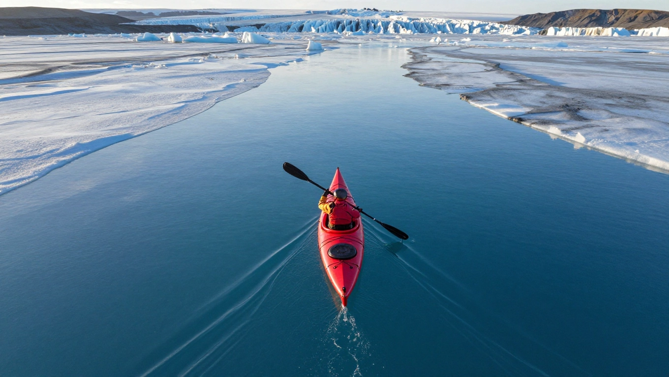 A person paddles a red kayak through calm icy blue water, surrounded by floating ice and distant glaciers under a clear sky—perfect for exploring Veo Prompt differences in serene landscapes. Uploaded on aifreeforever.com