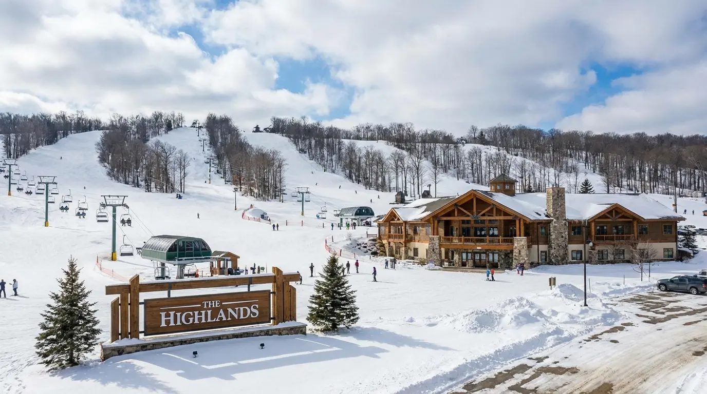 A snowy ski resort with a large wooden lodge, ski lifts, and slopes in the background. A sign in the foreground reads The Highlands. People are skiing on the slopes at one of the Best Ski Resorts Michigan has to offer. Uploaded on aifreeforever.com