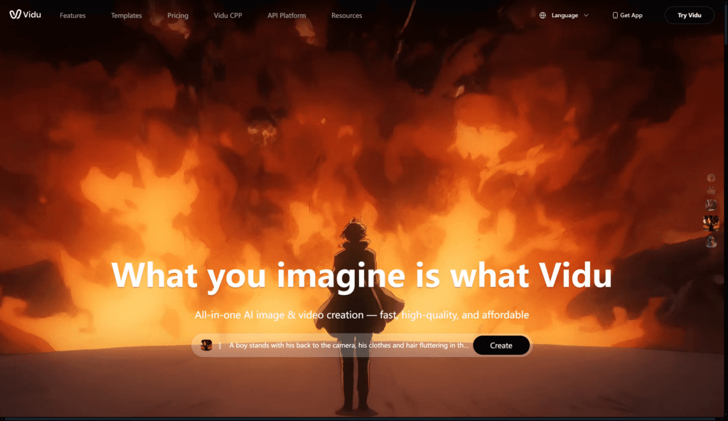 A boy stands with his back to the camera, facing swirling orange flames under a dramatic sky. Text overlay promotes Vidu AI video generation models and image creation. Uploaded on aifreeforever.com