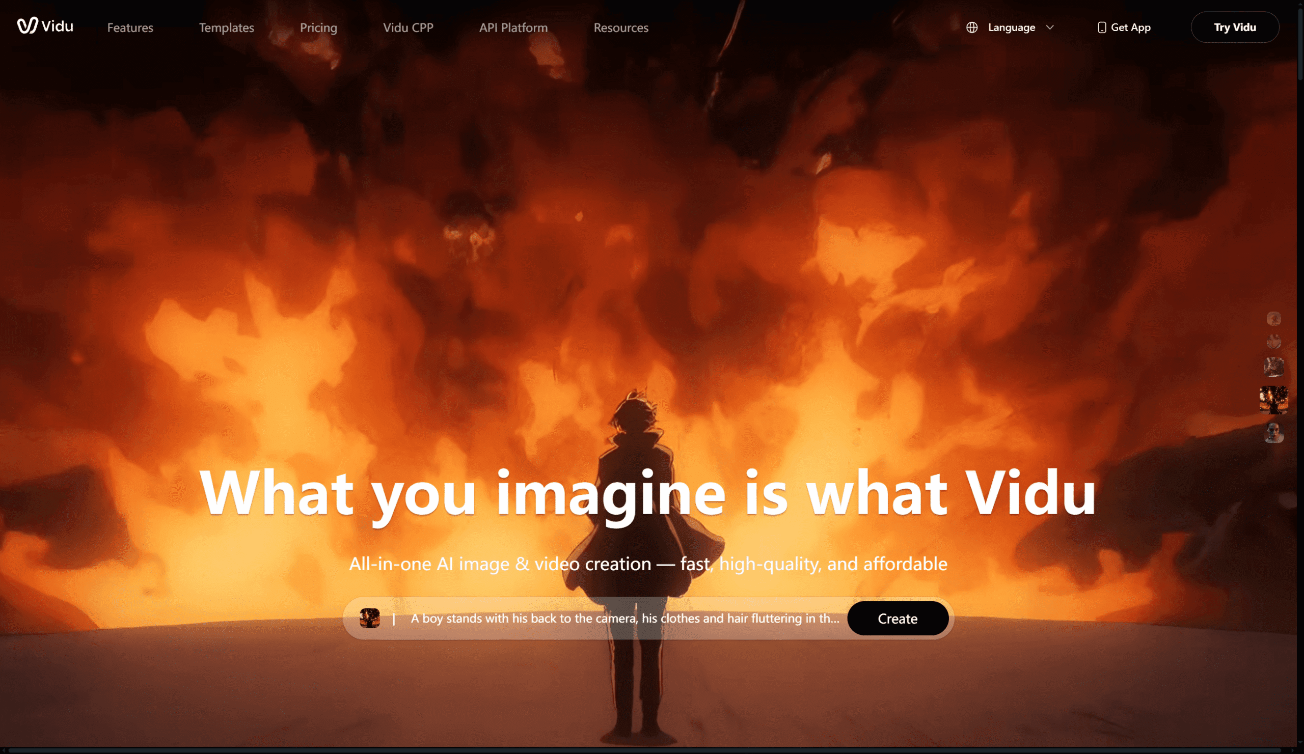 A boy stands with his back to the camera, facing swirling orange flames under a dramatic sky. Text overlay promotes Vidu AI video generation models and image creation. Uploaded on aifreeforever.com