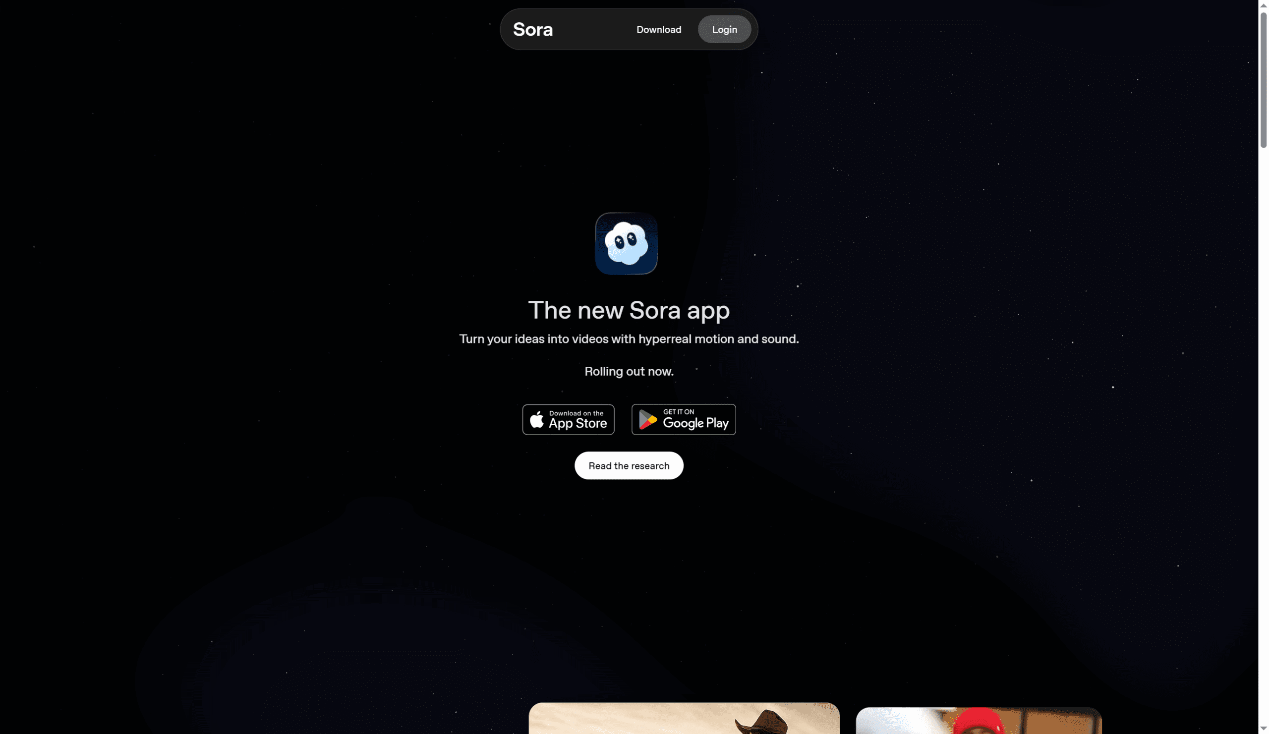 Screenshot of the Sora app homepage displaying the app logo, tagline, download buttons for App Store and Google Play, and a Read the research button, highlighting its best image to video AI capabilities on a dark background. Uploaded on aifreeforever.com