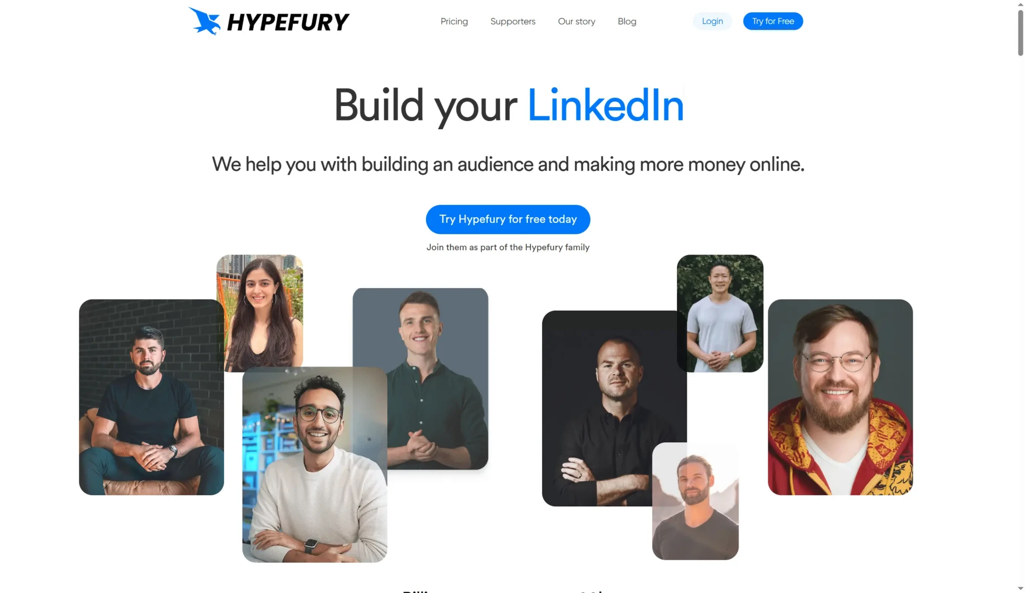 Hypefury website homepage showing Build your LinkedIn headline, a call-to-action button, and profile photos of diverse professionals on a white background—a great tool for Creating X Posts or exploring TweetHunter Alternatives. Uploaded on aifreeforever.com