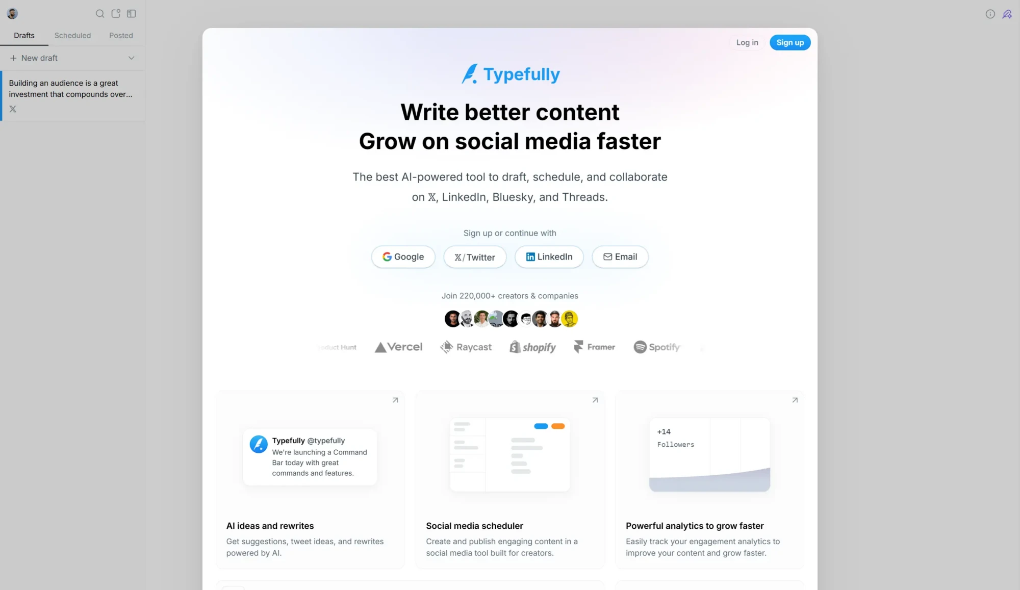 Screenshot of Typefully’s homepage displaying its tagline about writing better content and growing on X/Twitter posts faster, with sign-in options and 2026 feature highlights below—ideal for those seeking TweetHunter alternatives. Uploaded on aifreeforever.com