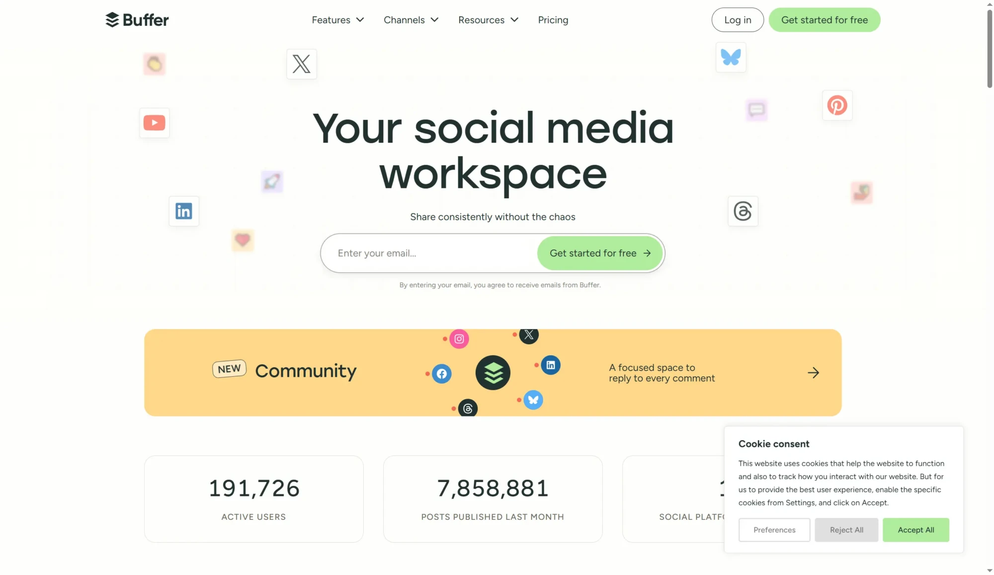 Screenshot of Buffer’s homepage showcasing the tagline Your social media workspace, email sign-up field, user statistics, and a cookie consent notification—perfect for those seeking TweetHunter alternatives to manage X/Twitter posts in 2026. Uploaded on aifreeforever.com