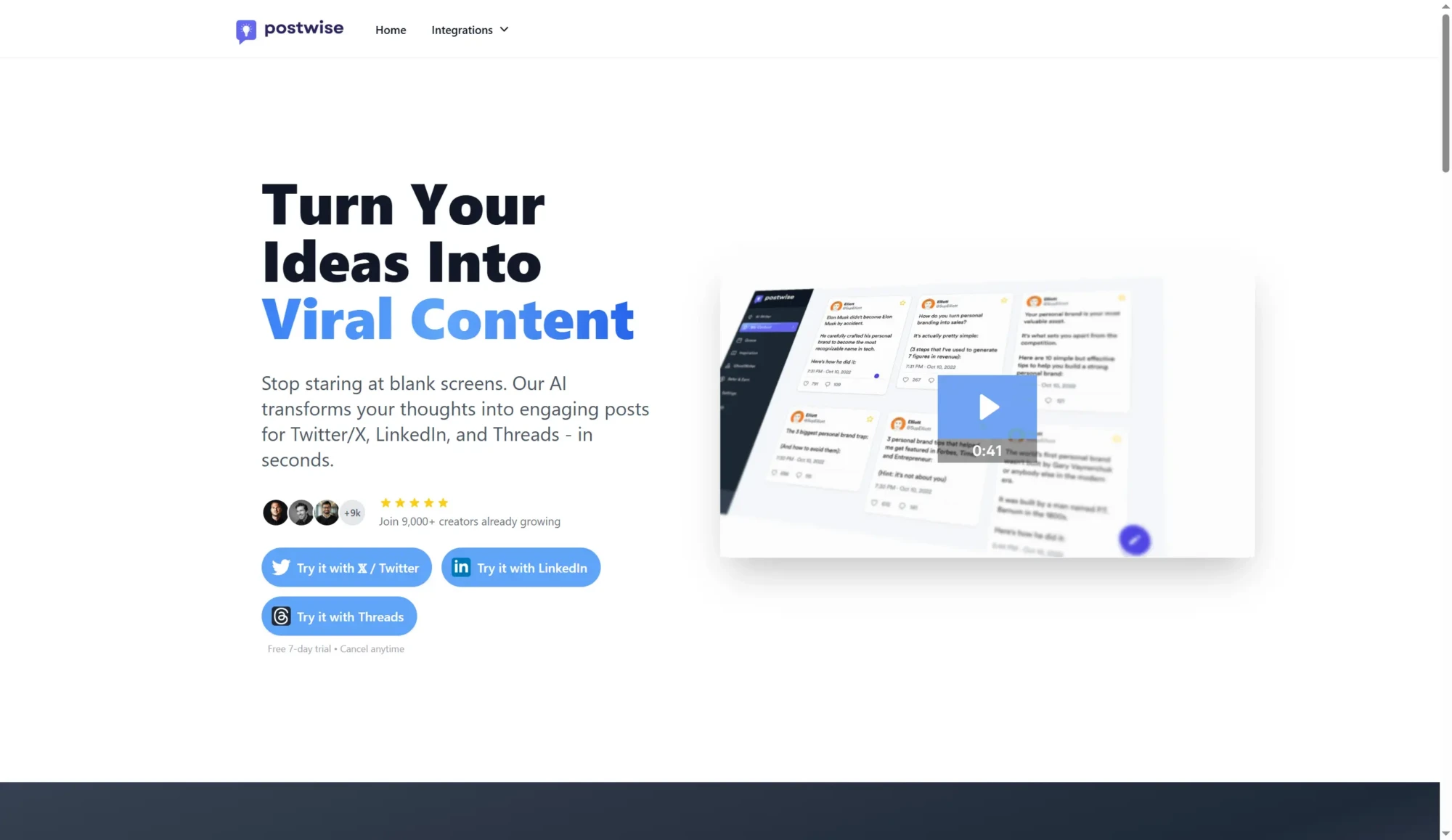 A website landing page for Postwise promoting AI-generated X/Twitter posts, featuring a call to action, app screenshot, and buttons for LinkedIn and Twitter—an ideal choice among TweetHunter alternatives. Uploaded on aifreeforever.com