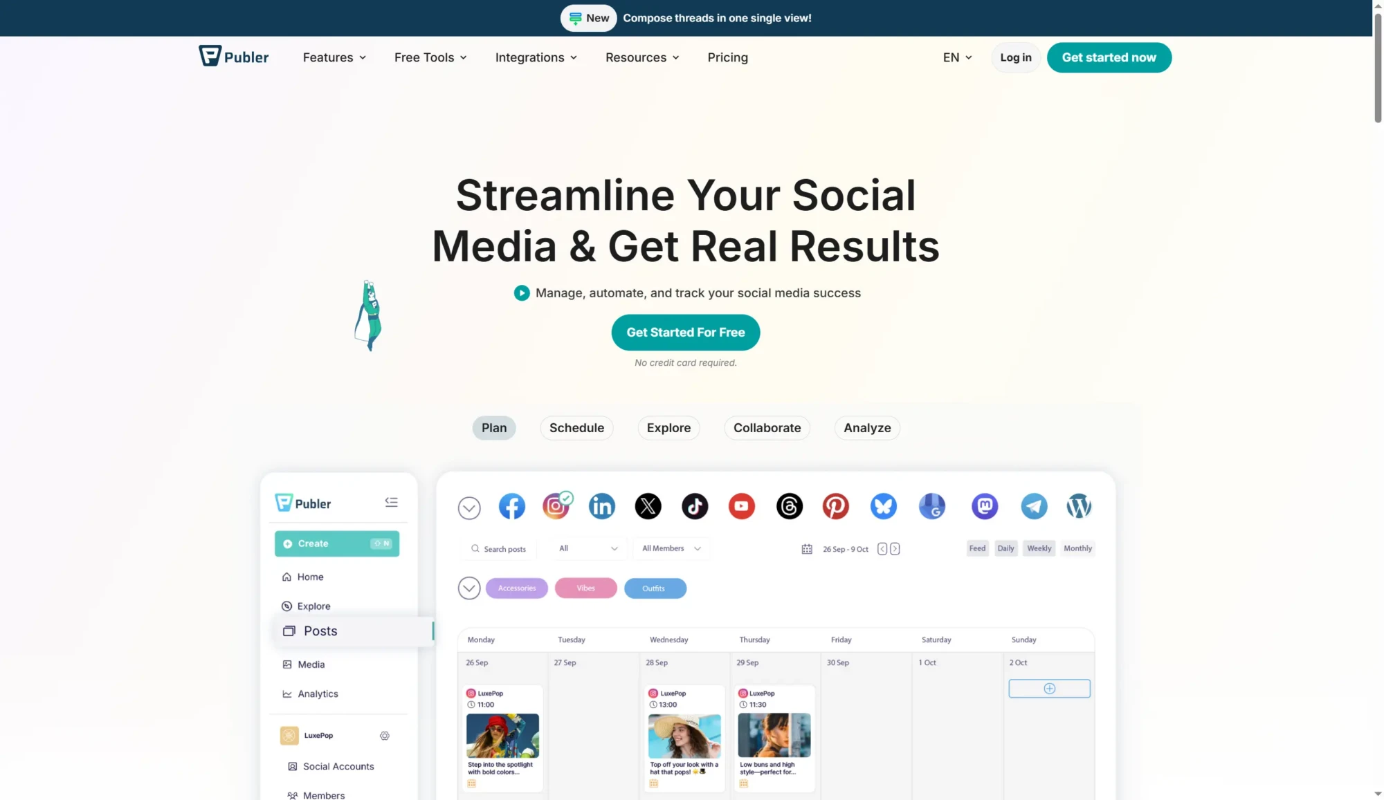 Screenshot of Publer’s homepage showing a headline about social media management and an interface with scheduling tools—perfect for planning X/Twitter posts and exploring TweetHunter alternatives for 2026. Uploaded on aifreeforever.com
