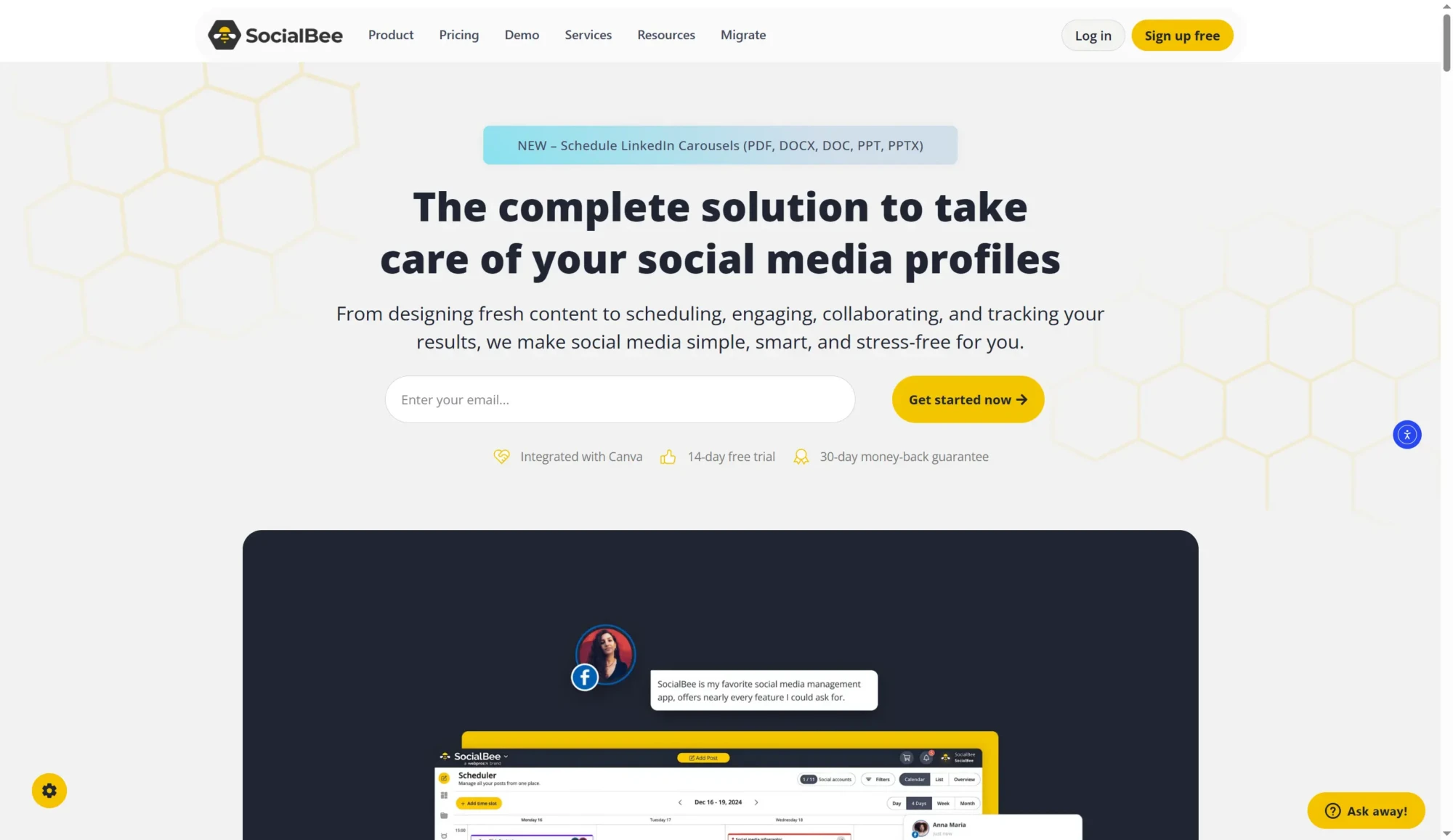 Screenshot of SocialBees homepage featuring a headline that promotes social media management tools, a call-to-action button, and a navigation bar—perfect for scheduling X/Twitter posts or exploring TweetHunter alternatives in 2026. Uploaded on aifreeforever.com