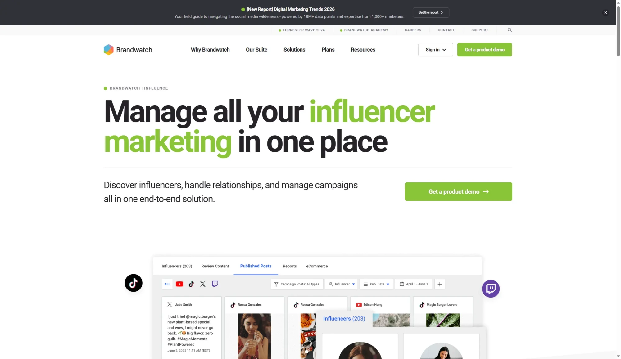 Screenshot of the Brandwatch website homepage displaying the headline Manage all your influencer marketing in one place, with a green call-to-action button and example dashboard below to help you find influencers and streamline influencer campaigns. Uploaded on aifreeforever.com