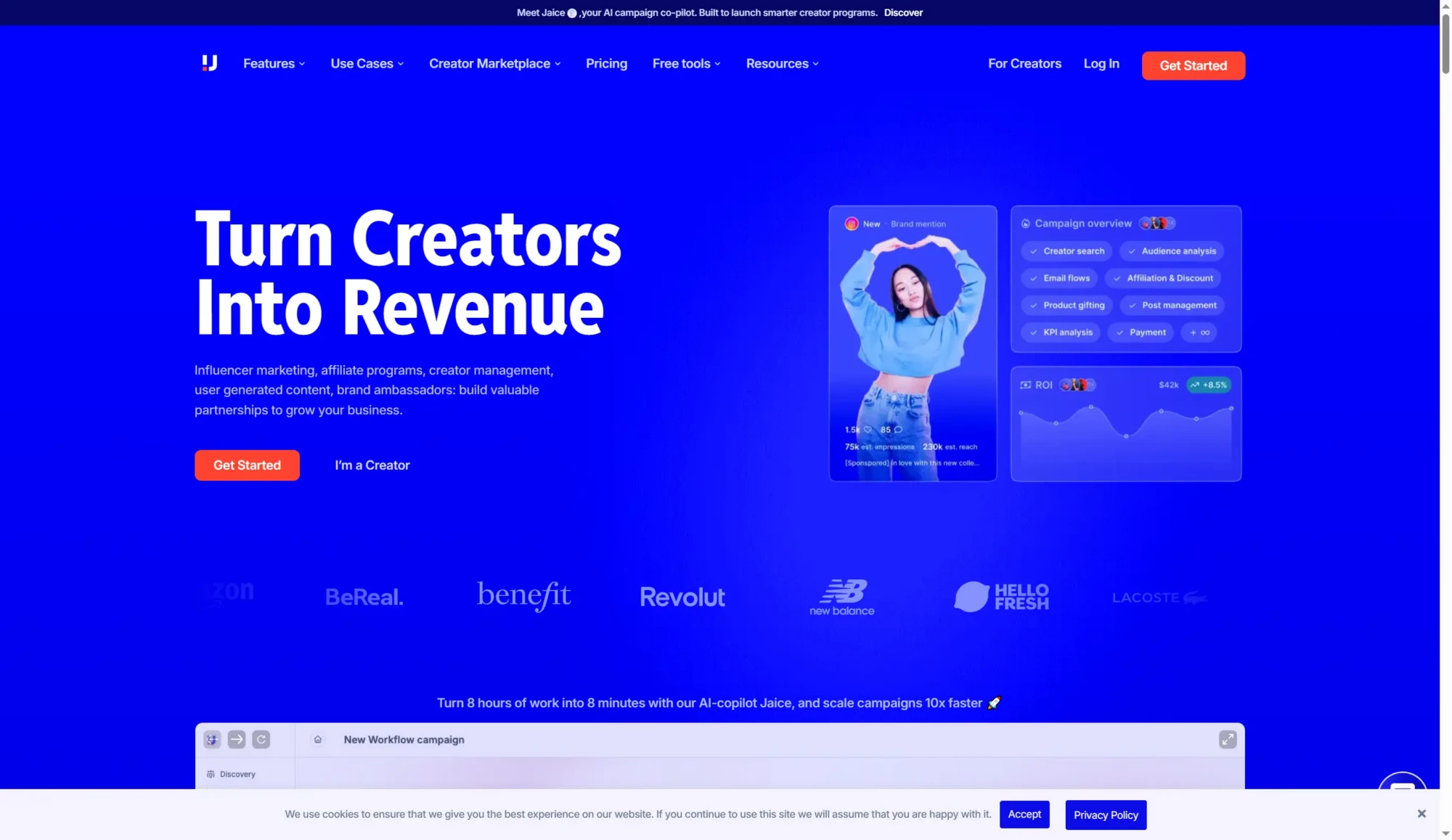A website homepage with bold text Turn Creators Into Revenue, a woman posing, charts, and app interface elements on a blue background. Navigation and call-to-action buttons highlight influencer marketing for campaign success. Uploaded on aifreeforever.com