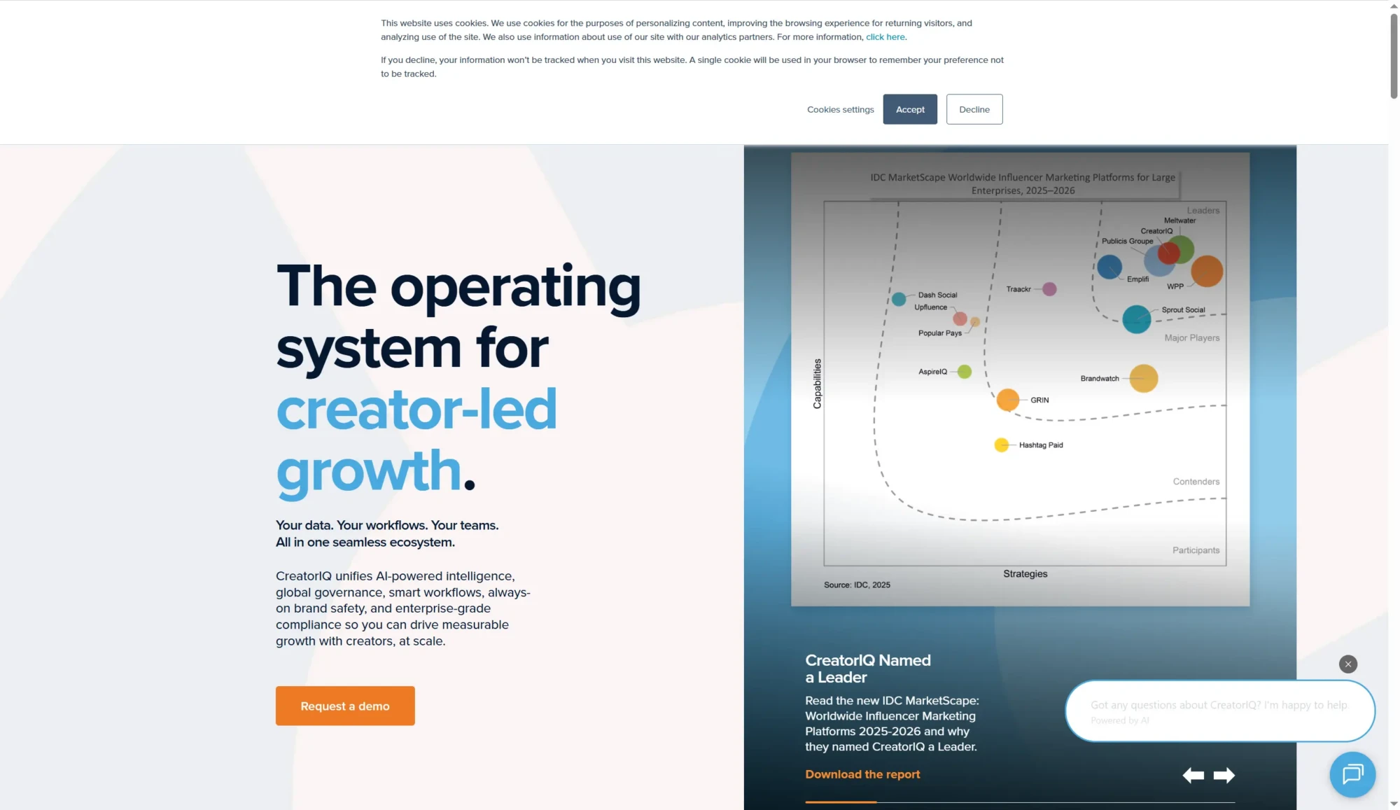 A website page displays a headline about an operating system for creator-led growth, a demo request button, and a chart with various company names and positions, showcasing how influencer marketing tools can boost campaign success. Uploaded on aifreeforever.com