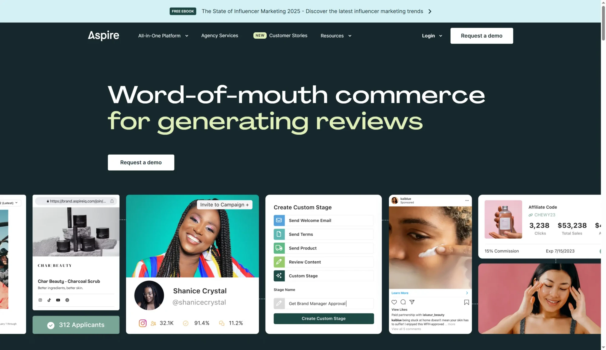 A website homepage displays influencer marketing tools with a headline about generating reviews, profile cards of influencers, and options to request a demo for campaign success. Uploaded on aifreeforever.com