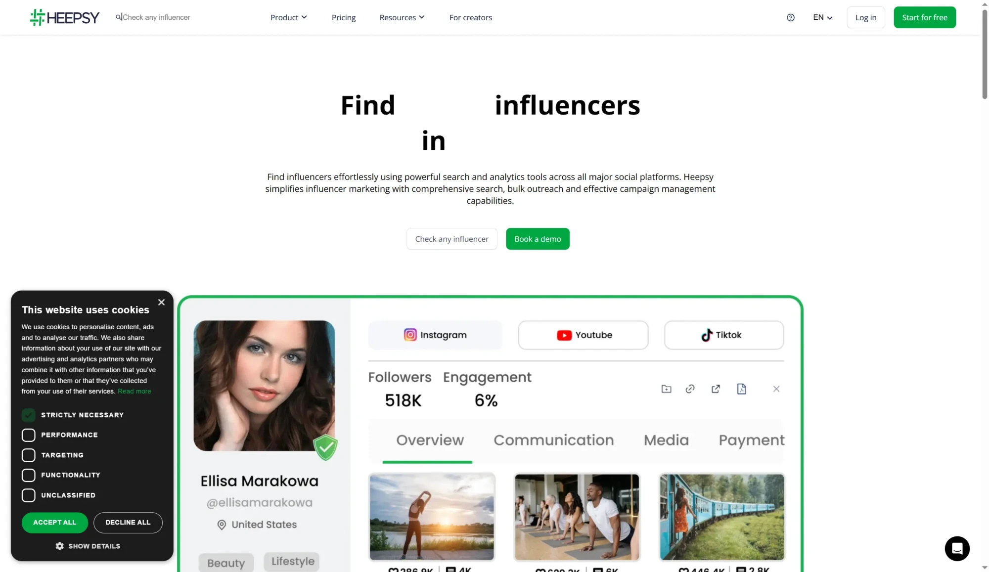 Screenshot of Heepsy’s website showcasing influencer search features and powerful influencer tools, with a profile of Ellisa Marakowa displayed—including her follower count and engagement rate. Perfect for those looking to find influencers for campaigns. Uploaded on aifreeforever.com