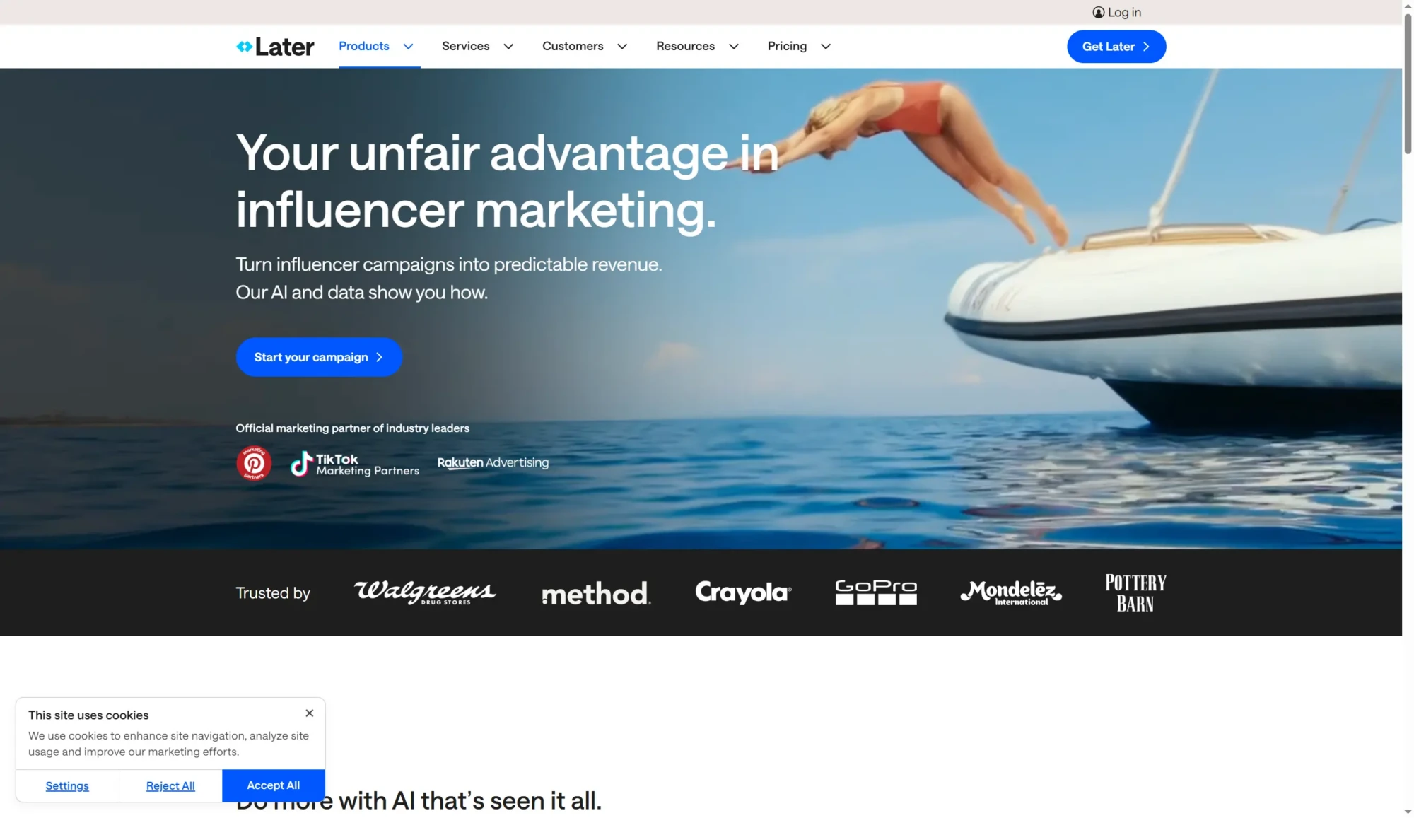 A woman dives off an inflatable boat into the sea; website text promotes influencer campaigns and AI-driven tools to help brands find influencers and drive results. Uploaded on aifreeforever.com