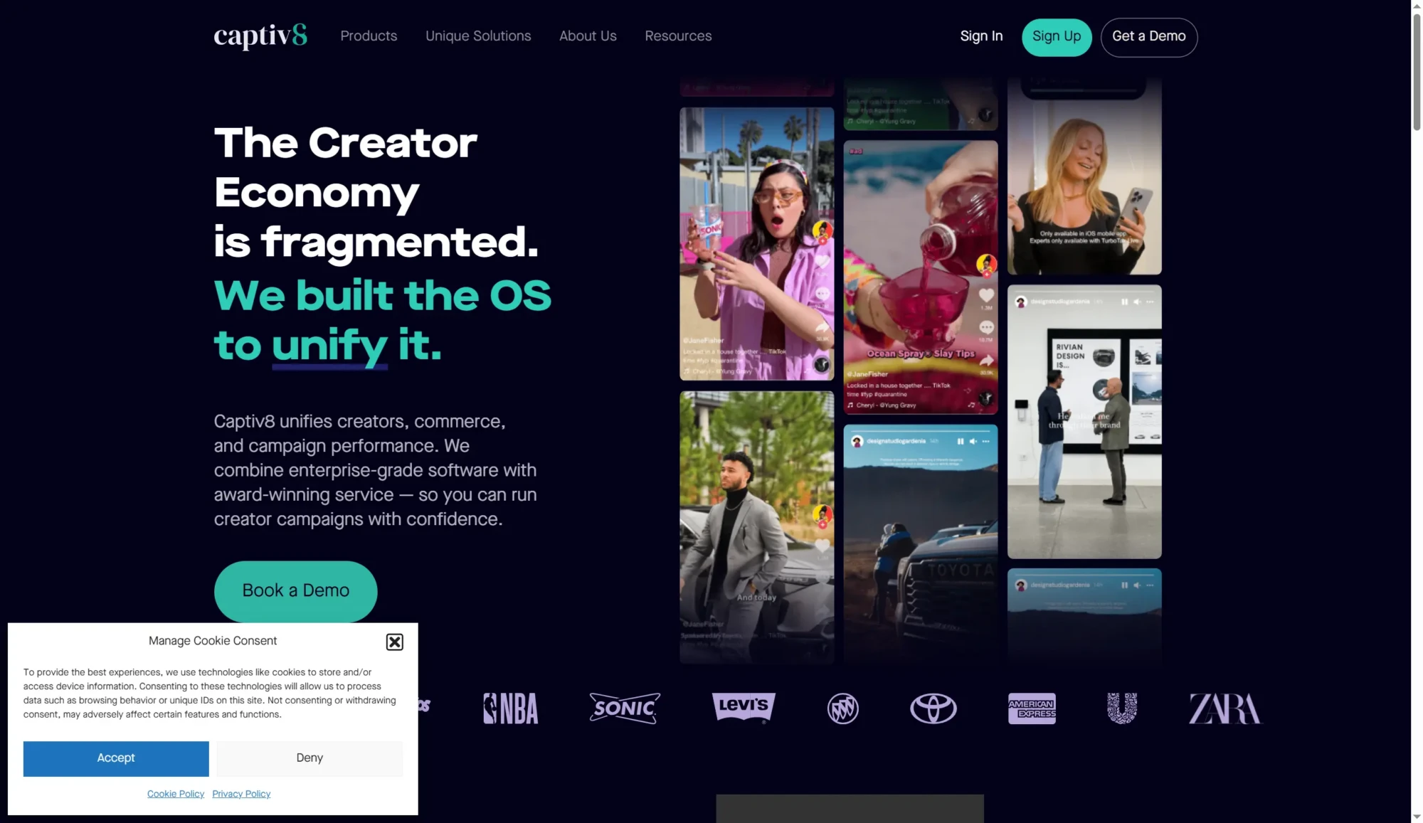 Captiv8 website homepage showcasing the best influencer tools for influencer campaigns, with platform details, sign up and demo buttons, cookie notice, company logos, and various creator images on the right. Uploaded on aifreeforever.com
