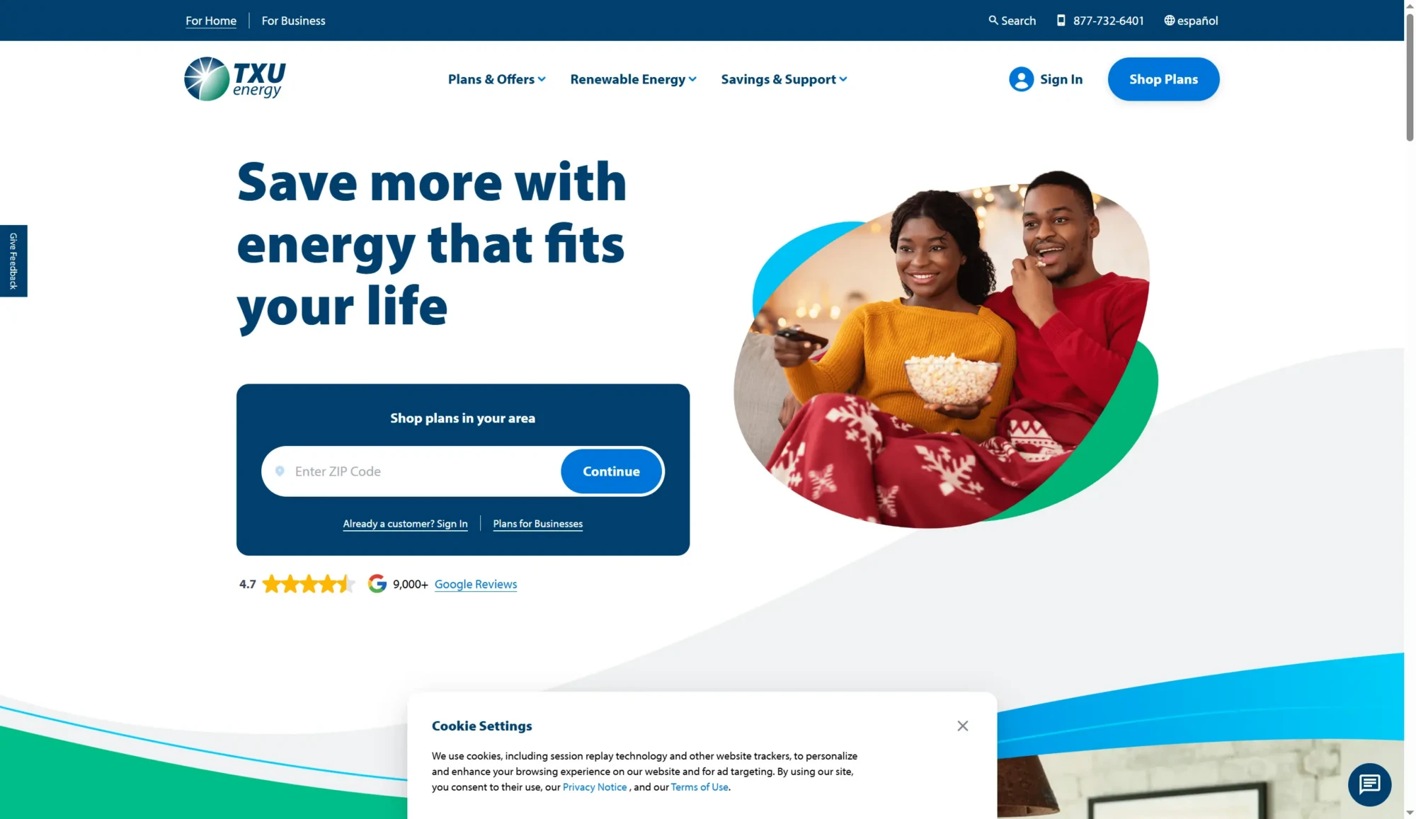 Homepage of TXU Energy featuring a 