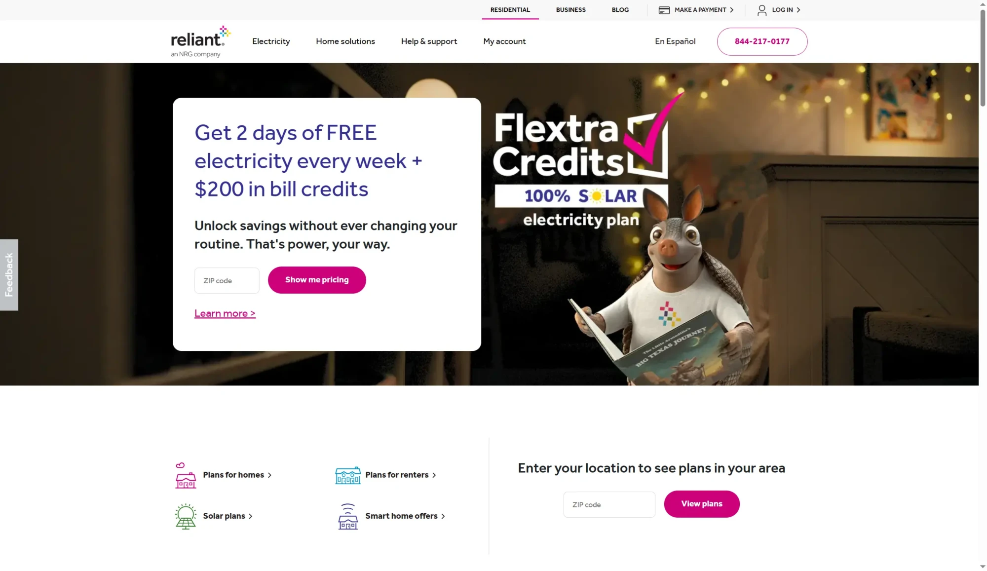 Screenshot of the Reliant Energy website homepage featuring a promotion for free electricity days, $200 in bill credits, and a Flextra Credits electricity plan—making it easy to compare rates from leading electricity providers in Texas. Navigation and search options visible. Uploaded on aifreeforever.com