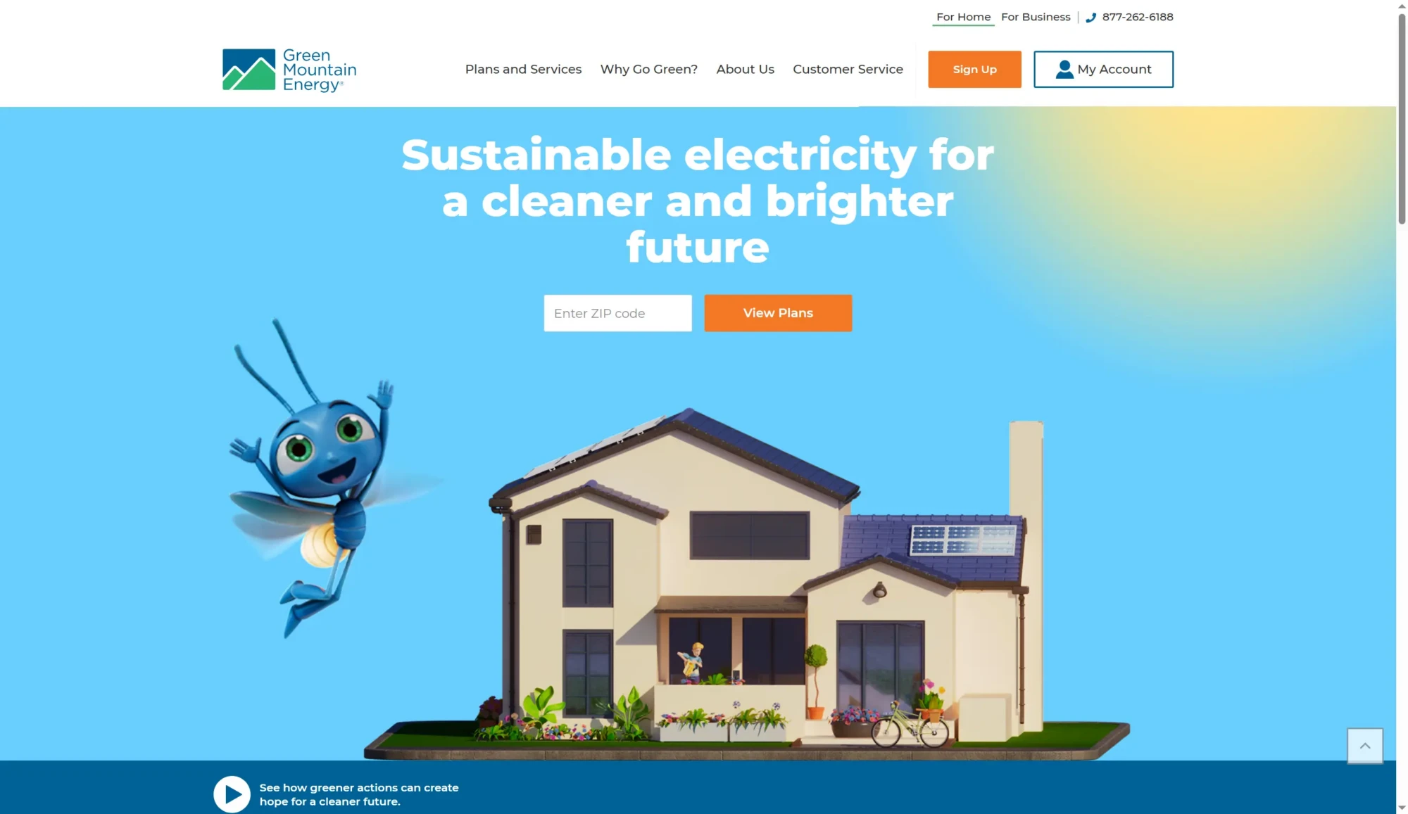 Green Mountain Energy homepage featuring a modern house, sun, cartoon insect mascot, and text highlighting sustainable electricity and Texas Electricity Plans for a cleaner and brighter future. Uploaded on aifreeforever.com