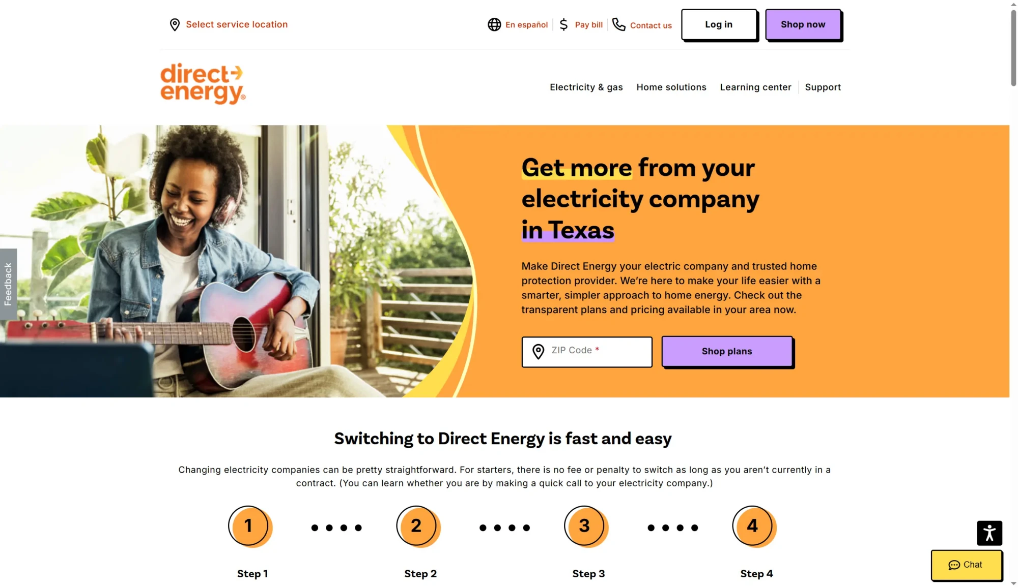 A person playing guitar sits by a window next to text promoting Direct Energy’s electricity services in Texas, with options to compare rates from top electricity providers Texas and shop 2026 plans online below. Uploaded on aifreeforever.com