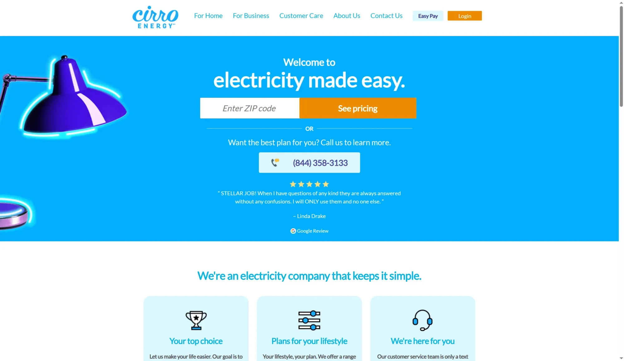 Screenshot of Cirro Energy’s homepage featuring Texas Electricity Plans, a ZIP code entry field, call-to-action buttons, contact number, and service highlights against a blue and white background. Uploaded on aifreeforever.com