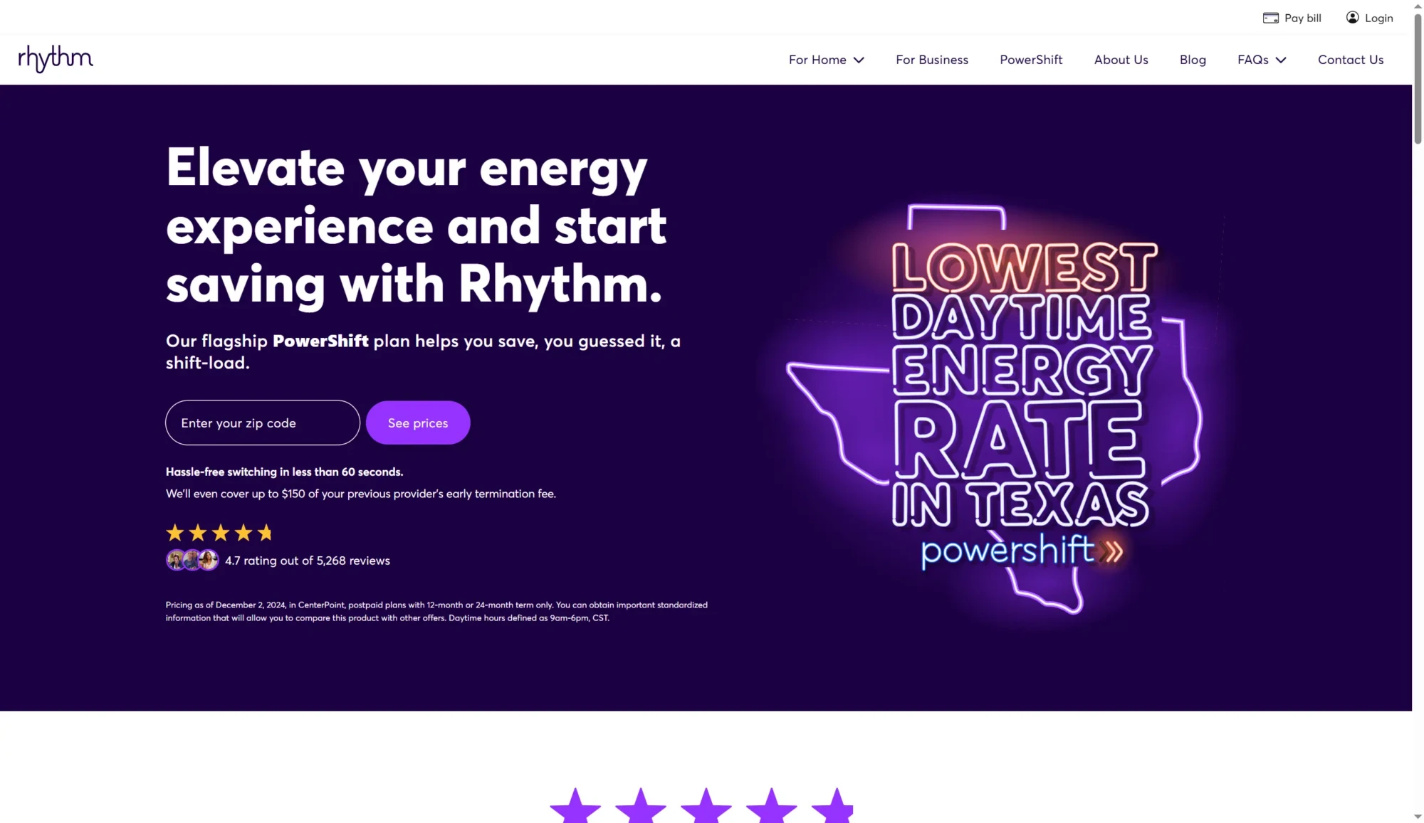 A website homepage for Rhythm Energy promotes their PowerShift plan with a neon sign stating Lowest Daytime Energy Rate in Texas and offers options to Compare Rates or explore 2026 Plans from leading electricity providers Texas. Uploaded on aifreeforever.com