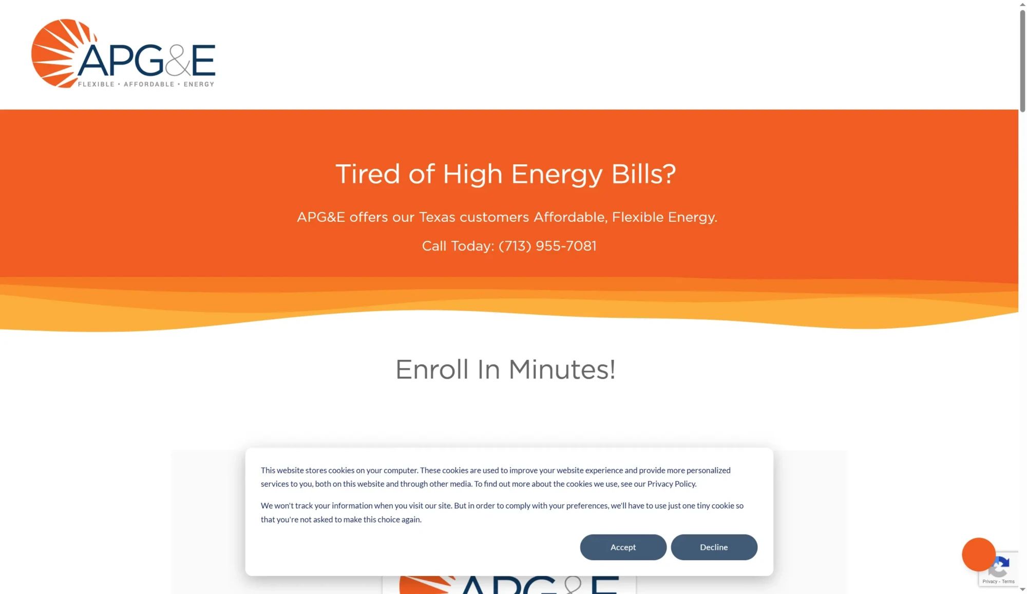 APG&E’s homepage helps Texas customers compare rates from top electricity providers, discover affordable, flexible energy plans for 2026, and features a clear call-to-action to enroll plus a cookie consent banner at the bottom. Uploaded on aifreeforever.com