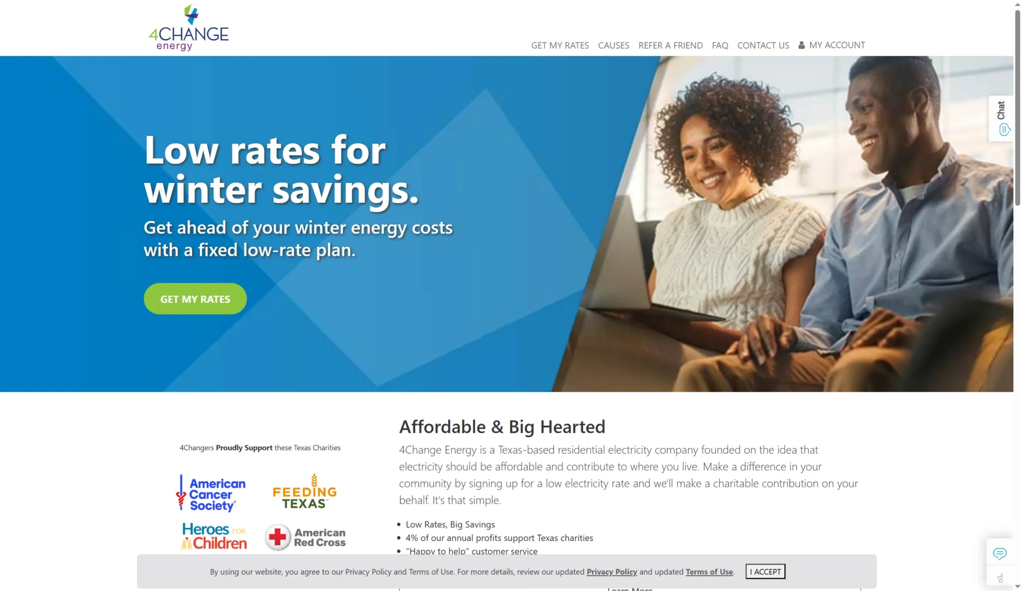 A smiling couple sits on a sofa looking at a laptop. Text on a blue background promotes low winter energy rates from 4Change Energy. Several charity logos are displayed below, inviting you to compare rates and Texas Electricity Plans. Uploaded on aifreeforever.com