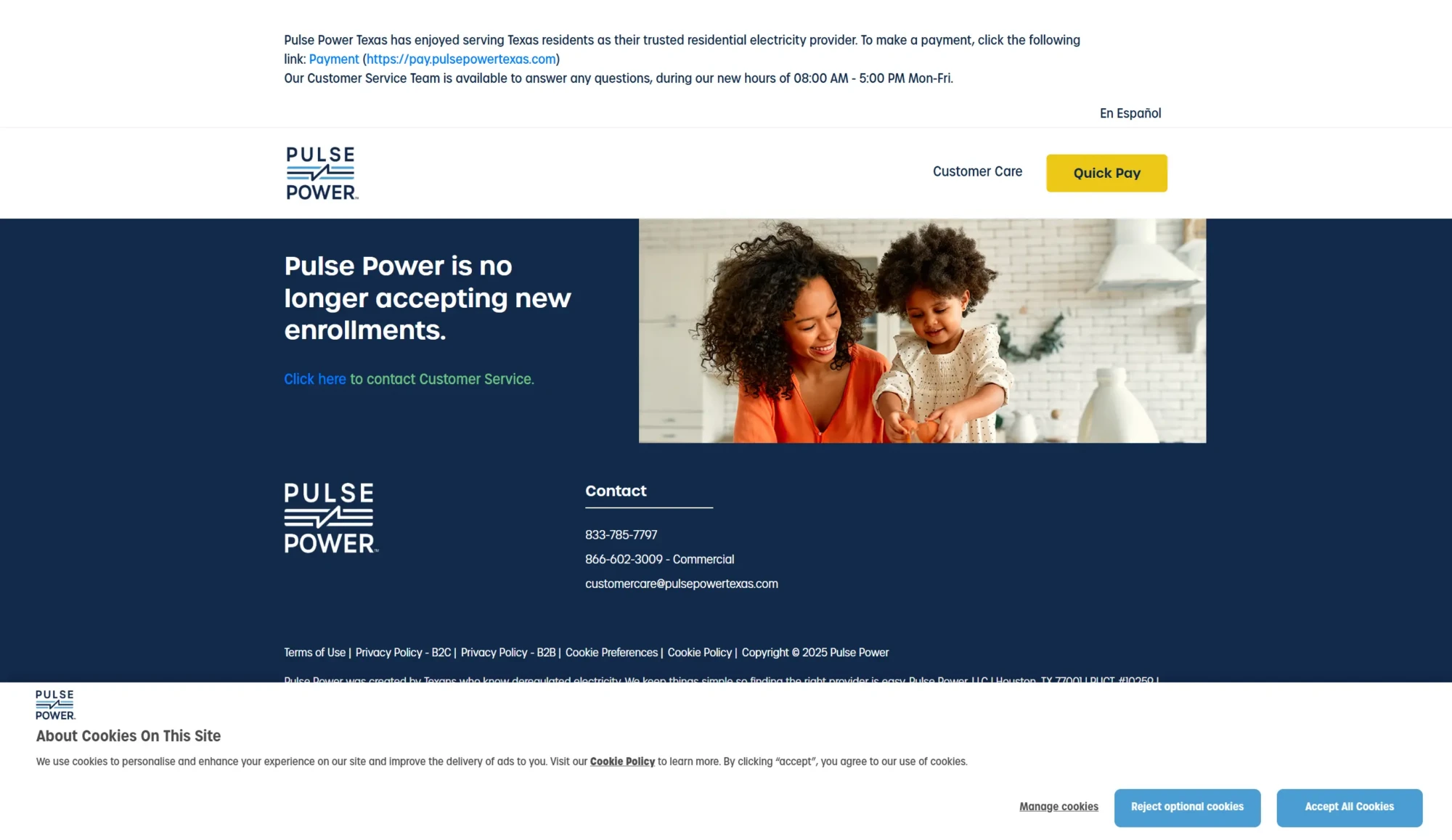 A woman and a child sit at a kitchen counter. A notice states that Pulse Power, one of the Electricity Providers Texas residents trust, is no longer accepting new enrollments. Contact customer service to compare rates or ask about 2026 plans. Uploaded on aifreeforever.com