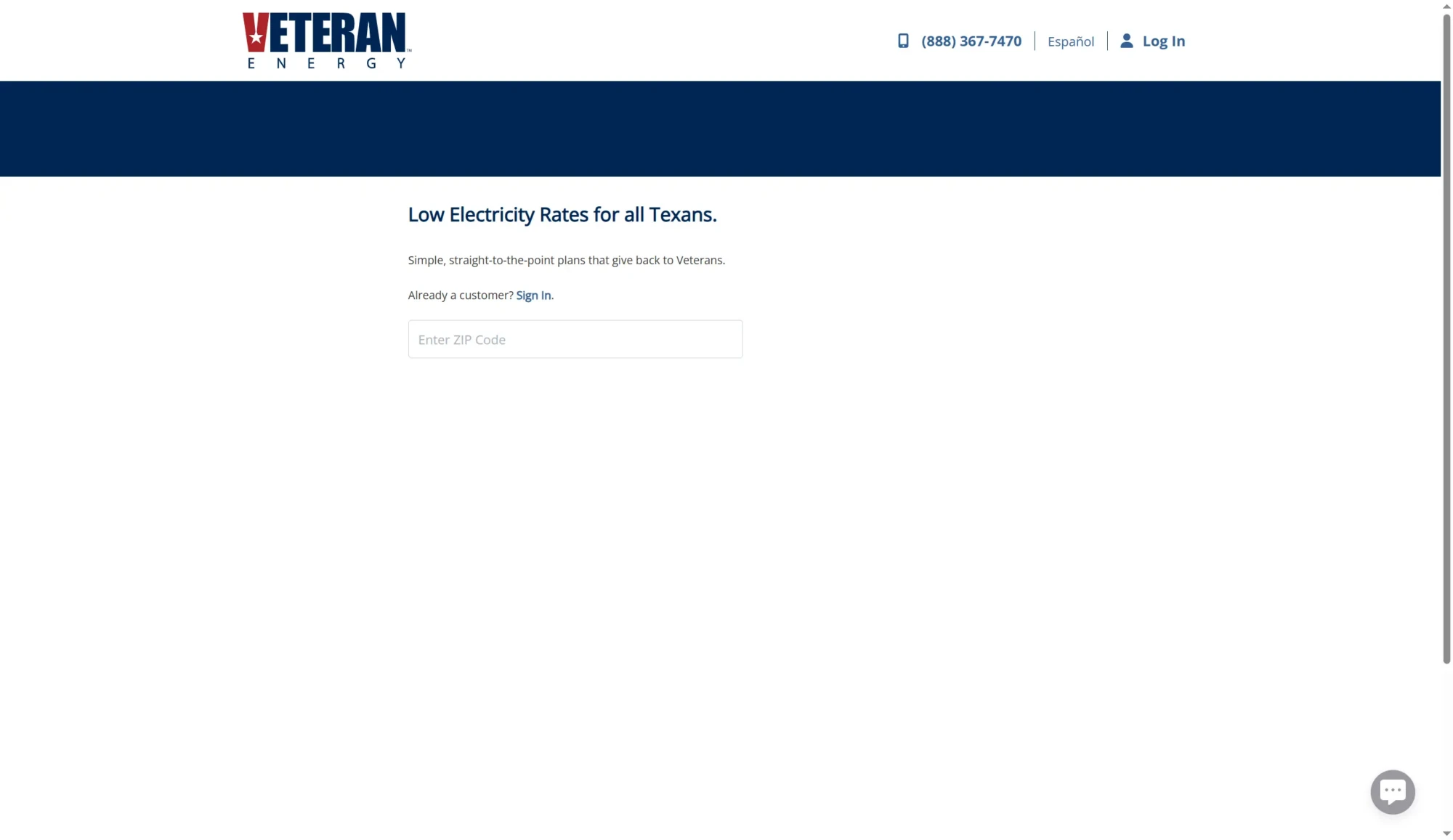 Screenshot of Veteran Energy website showing a login form where existing customers enter their zip code to sign in, under a heading about low electricity rates for Texans—making it easy to compare rates from electricity providers in Texas for 2026. Uploaded on aifreeforever.com