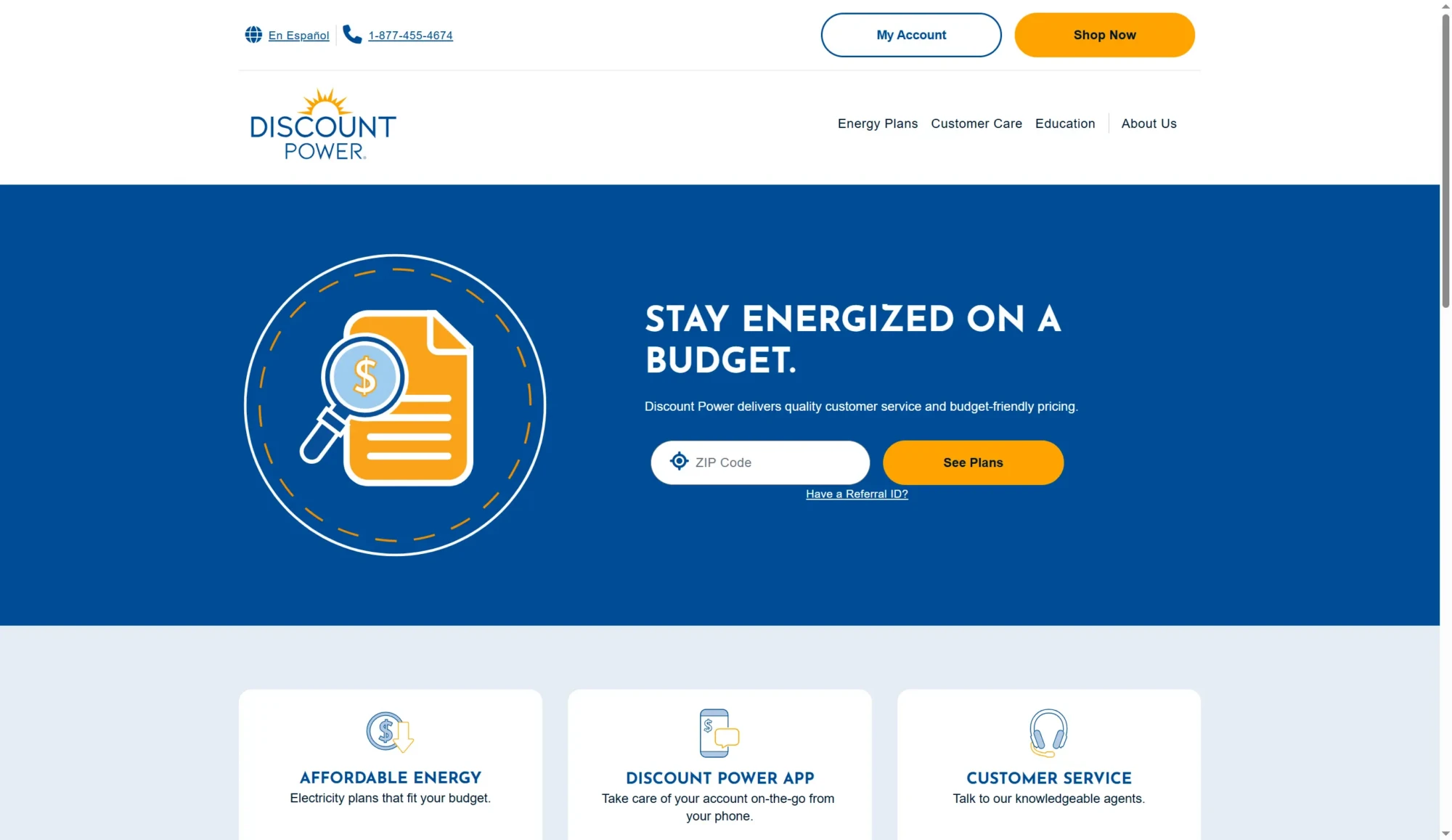 Screenshot of Discount Powers website homepage showing a blue banner with the message Stay Energized on a Budget, a zip code entry field, options to Compare Rates, view 2026 Plans, and explore Electricity Providers Texas. Uploaded on aifreeforever.com