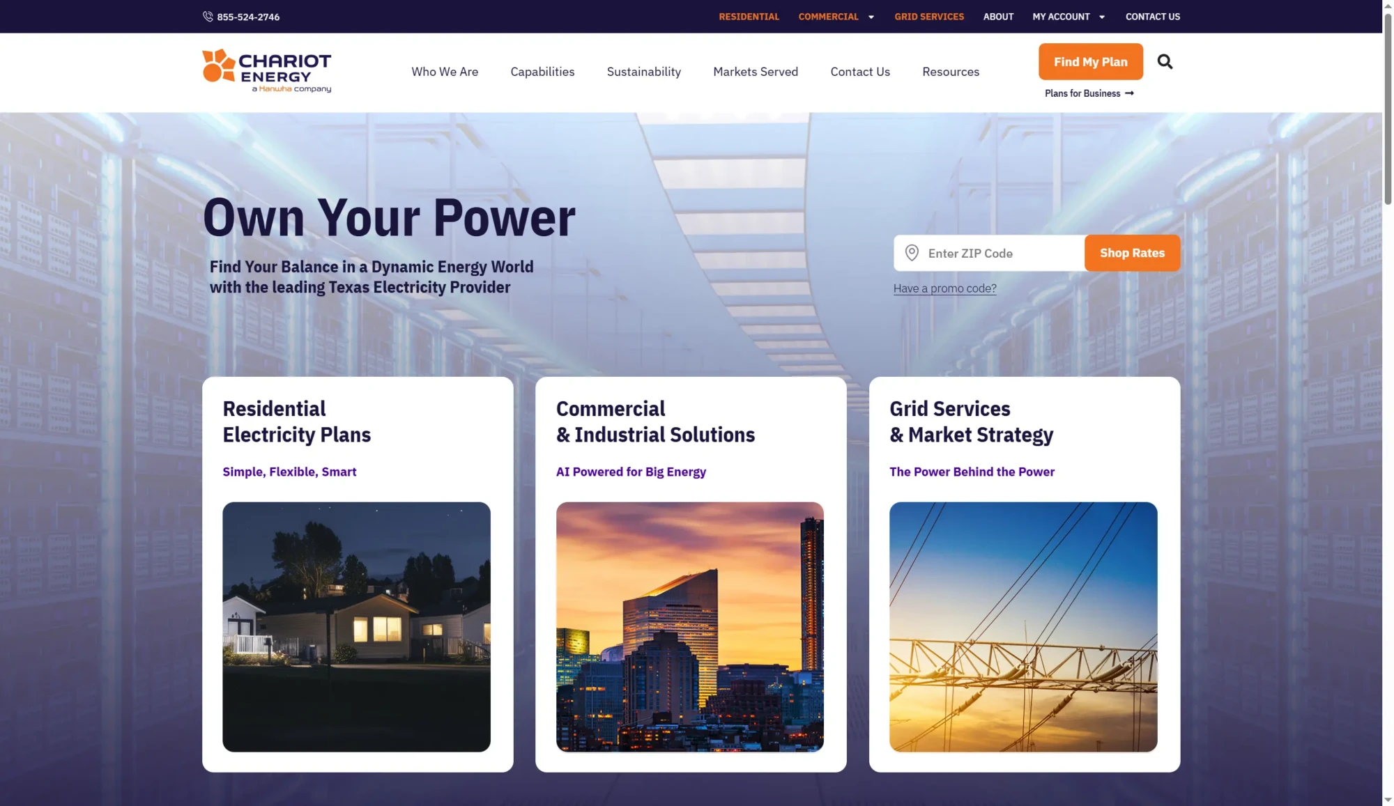 Chariot Energy website homepage with options for residential, commercial, and grid services electricity plans. Compare Electricity Rates and enter your zip code to explore Texas Electricity Plans from top Electricity Providers Texas. Uploaded on aifreeforever.com