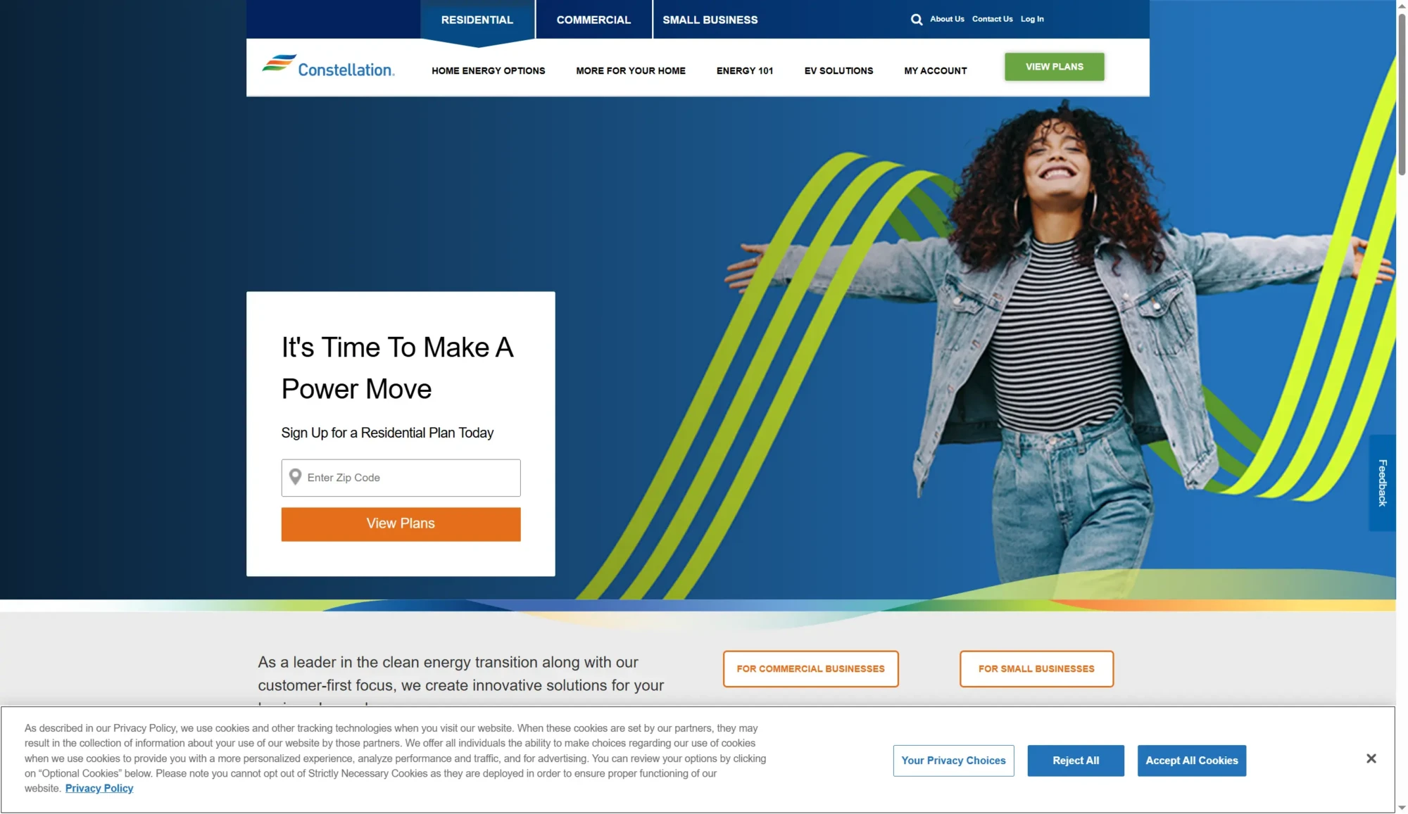 A woman with curly hair smiles with arms outstretched against a blue background and green ribbon graphics, next to a text box promoting Plans 2026 and how to compare rates from top electricity providers in Texas by Constellation. Uploaded on aifreeforever.com