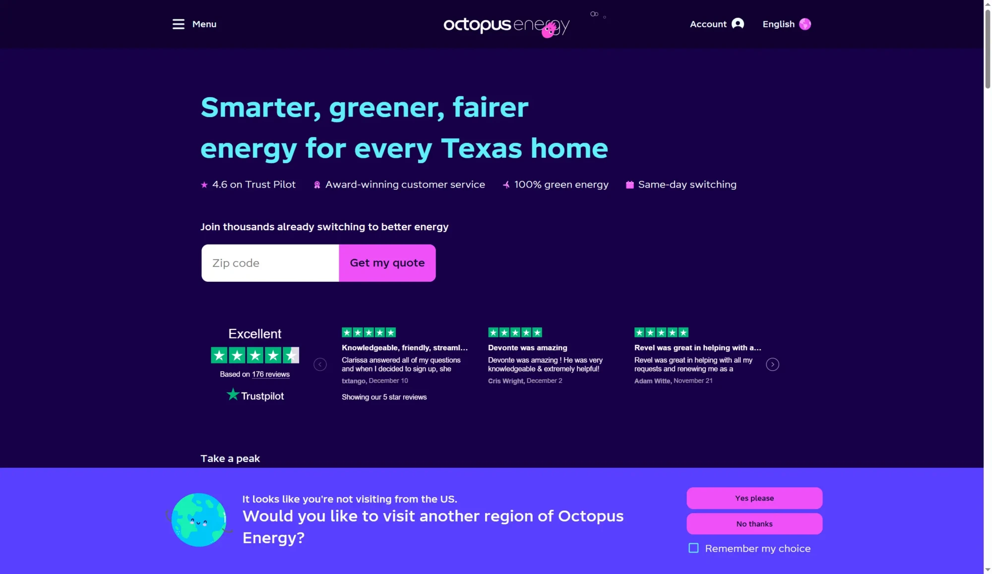 Screenshot of Octopus Energy’s website featuring a quote tool to compare rates for Electricity Plans in Texas, Trustpilot ratings, and a prompt to visit another region of Octopus Energy at the bottom. Uploaded on aifreeforever.com