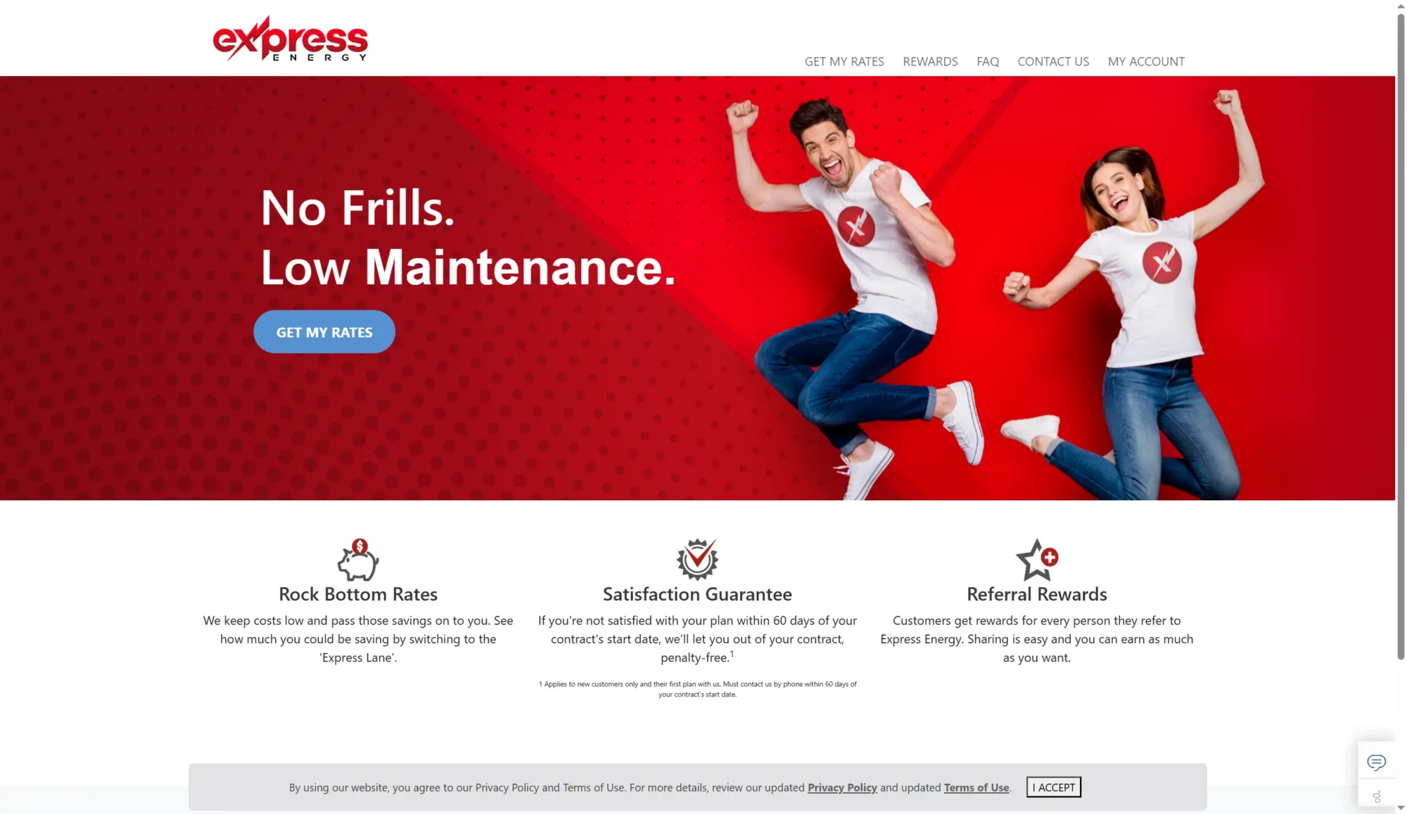 Two people in white t-shirts with red X logos jump against a red backdrop beside the text No Frills. Low Maintenance. on the Express Lanes webpage—your destination to compare rates from top Electricity Providers Texas. Uploaded on aifreeforever.com