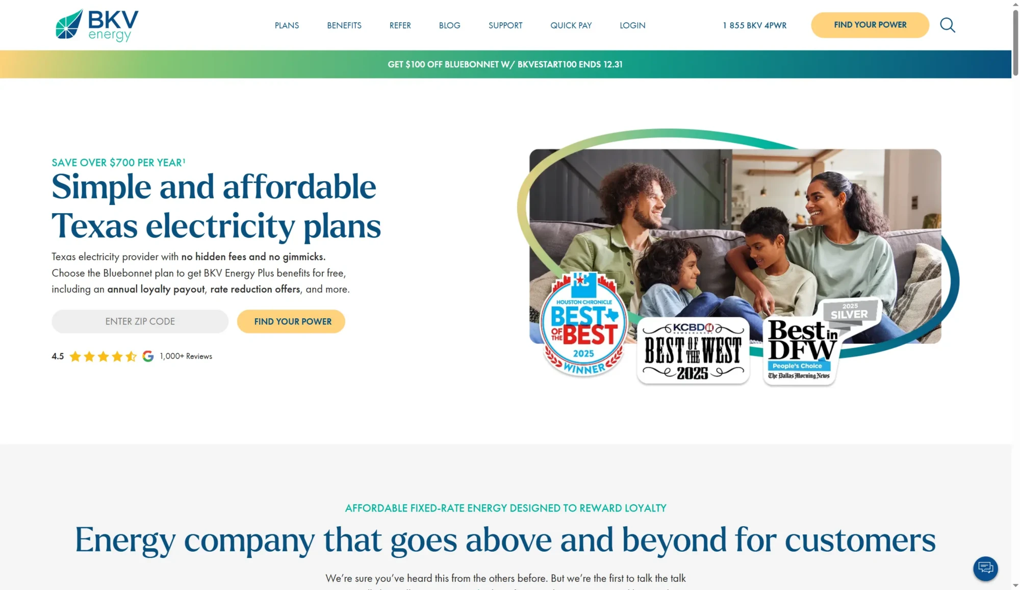 Screenshot of BKV Energy website featuring affordable Texas electricity plans from leading Electricity Providers Texas, a family on a couch, award badges, and a search bar to compare rates or explore Plans 2026 by entering your zip code. Uploaded on aifreeforever.com