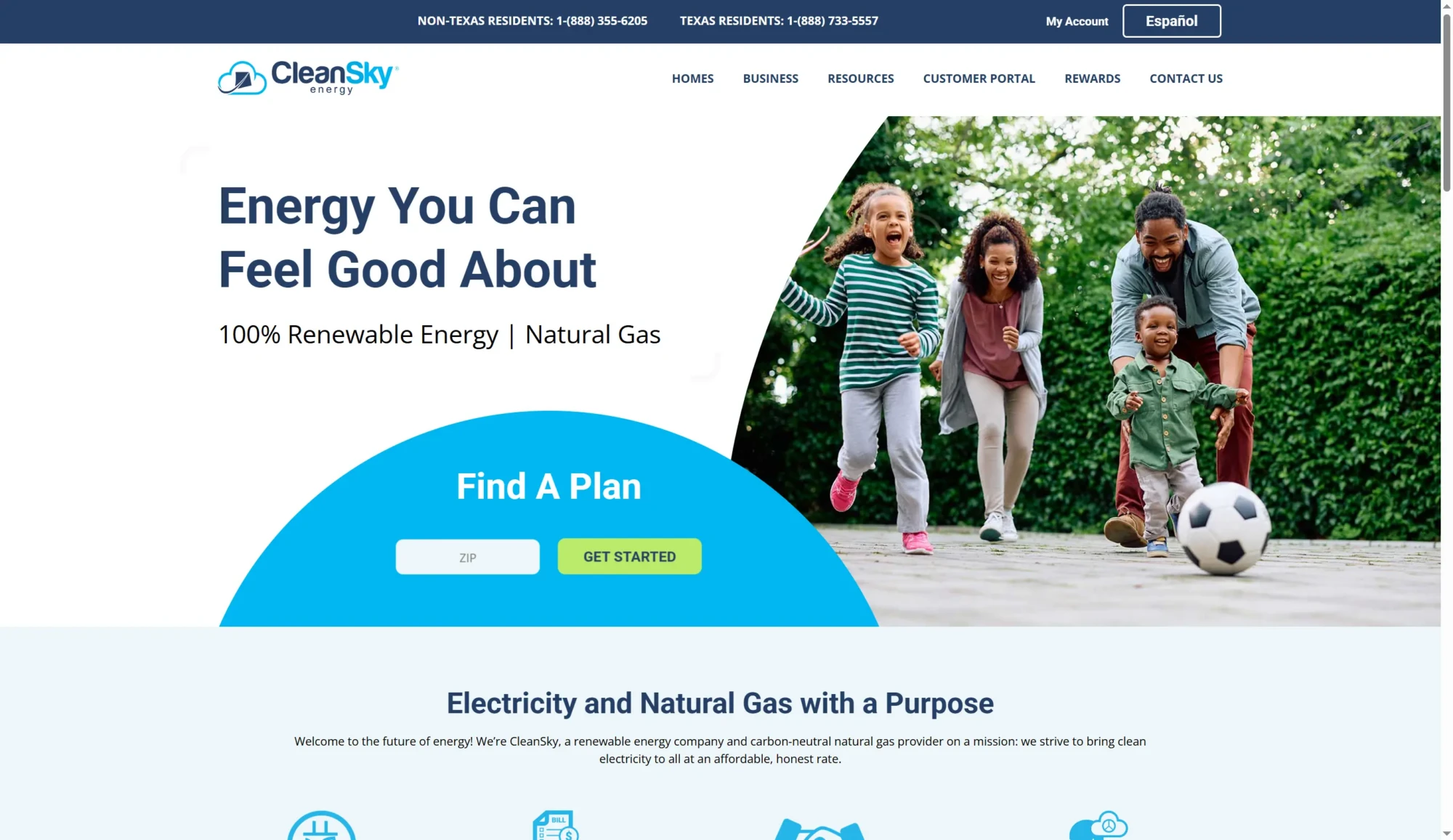 CleanSky Energy’s homepage features a diverse family playing soccer outdoors, highlighting 100% renewable energy. Discover top Electricity Providers Texas and Texas Electricity Plans, and easily Compare Rates for clean, affordable power. Uploaded on aifreeforever.com