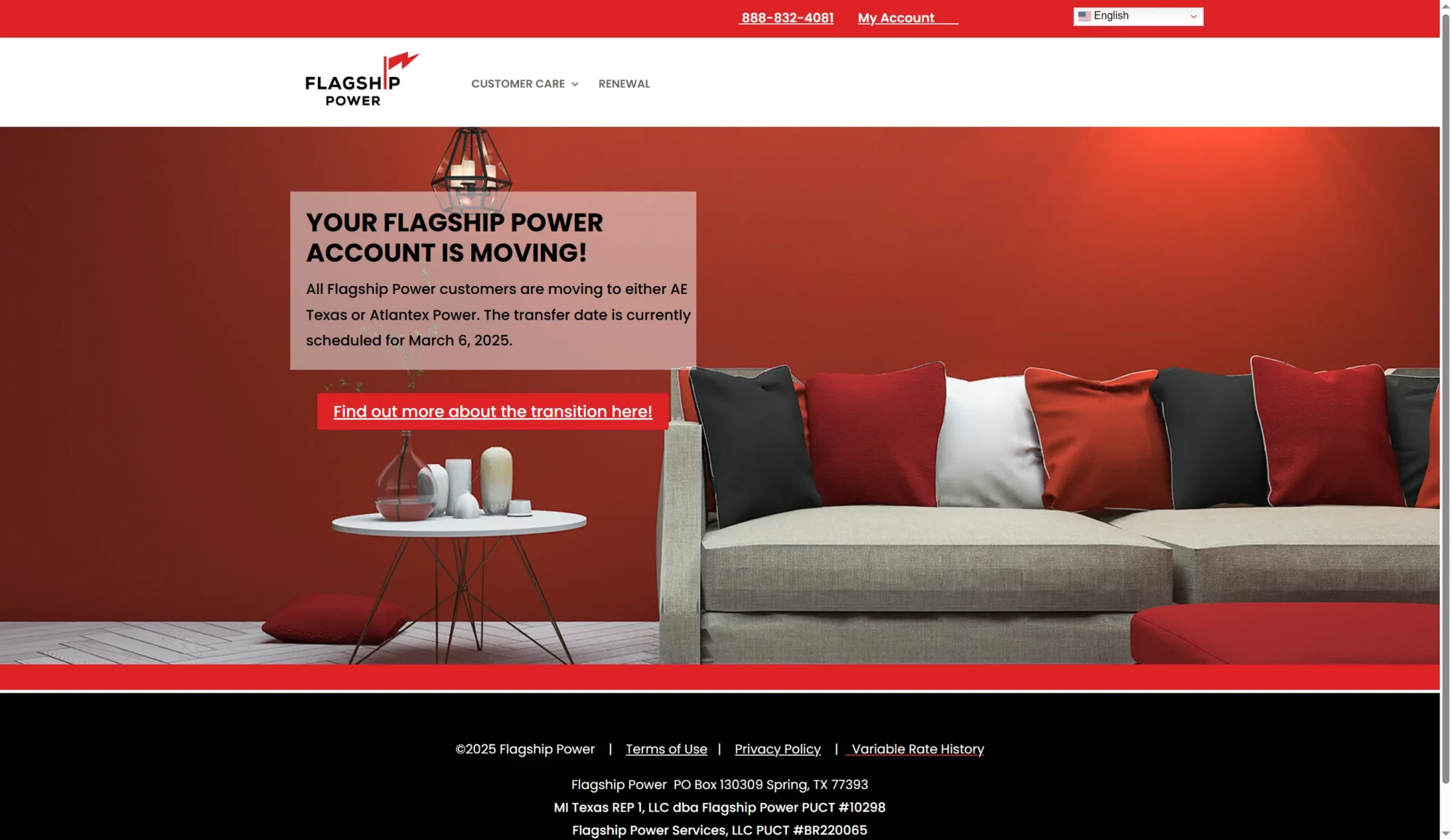 A living room with a gray sofa and red, black, and white cushions sits against a red wall; a round coffee table and pendant lamp are in front. A website banner invites visitors to compare rates from top electricity providers Texas. Uploaded on aifreeforever.com