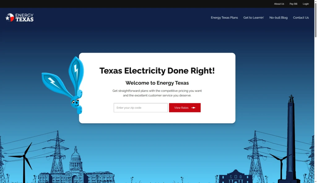 Screenshot of the Energy Texas website homepage displaying a search box to compare rates for electricity plans, a blue mascot with a lightning bolt, and a cityscape graphic at the bottom. Uploaded on aifreeforever.com
