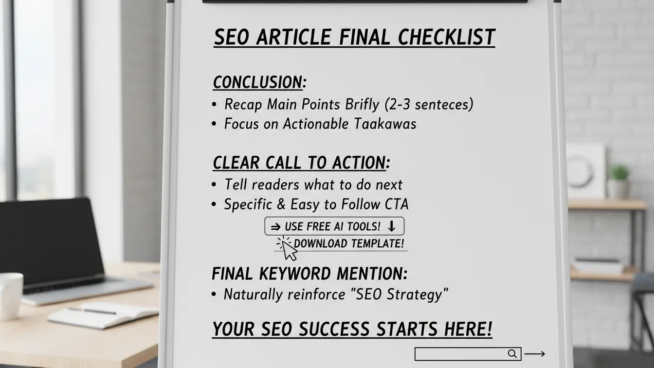 A printed SEO Article writing final checklist on a clipboard, outlining steps for conclusion, call to action, keyword mention, and a section for tools and templates to ensure strong writing structure in 2026. Uploaded on aifreeforever.com