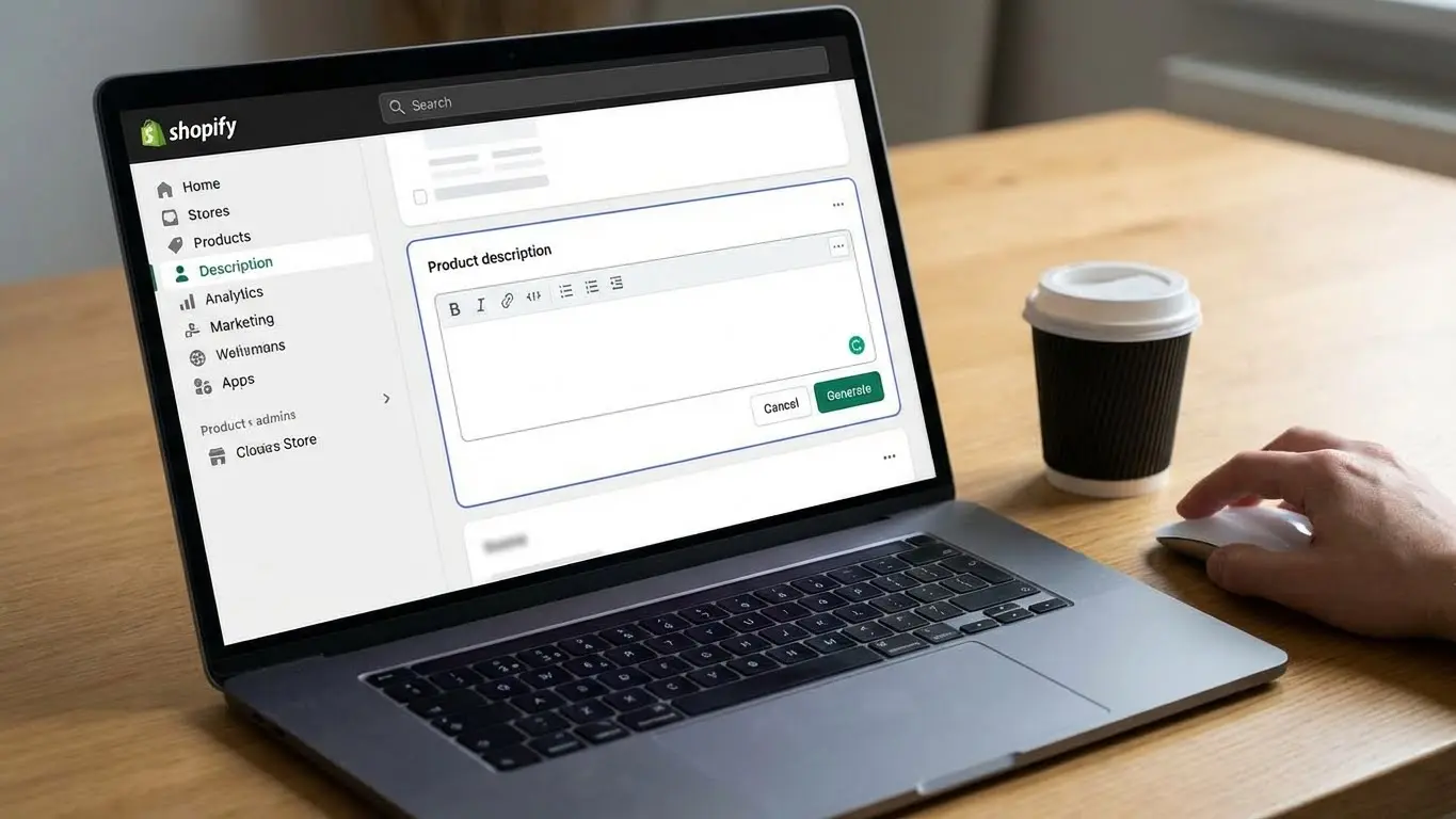 A person uses a laptop to update a Shopify product description in the dashboard. Writing tips for 2026 are open on the screen, while a cup of coffee rests on the wooden table nearby. Uploaded on aifreeforever.com