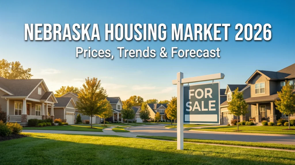 A suburban neighborhood with modern houses and a For Sale sign, overlaid with text about the Nebraska Housing Market 2026, including housing prices, trends, and forecast. Uploaded on aifreeforever.com